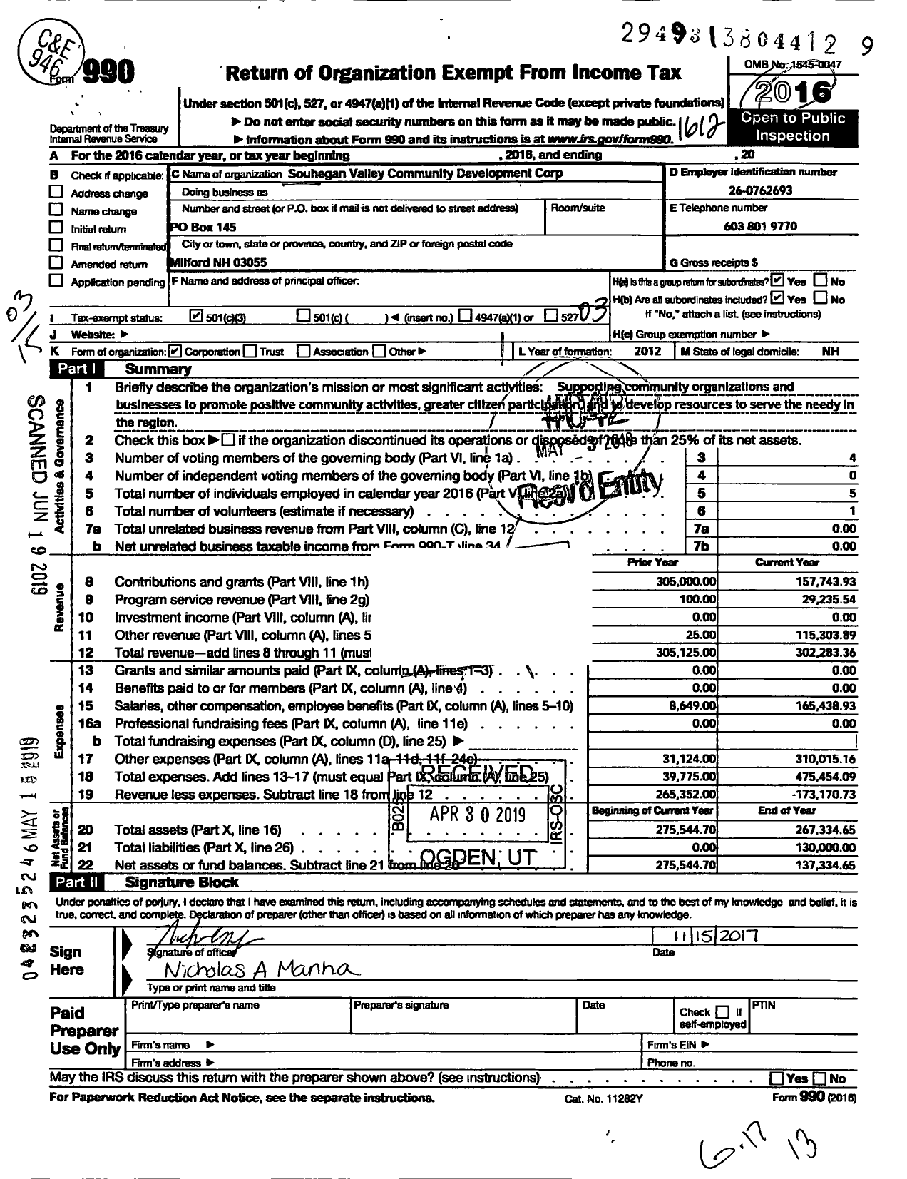 Image of first page of 2016 Form 990 for Souhegan Valley Community Development Corporation