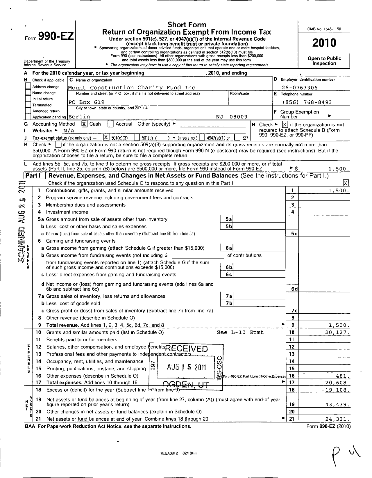 Image of first page of 2010 Form 990EZ for Mount Construction Charity Fund