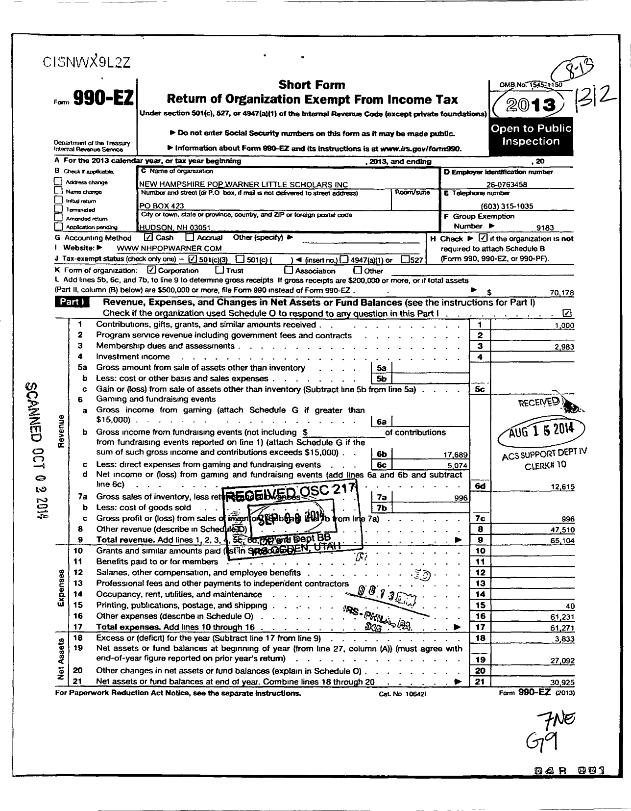 Image of first page of 2013 Form 990EZ for New Hampshire Pop Warner