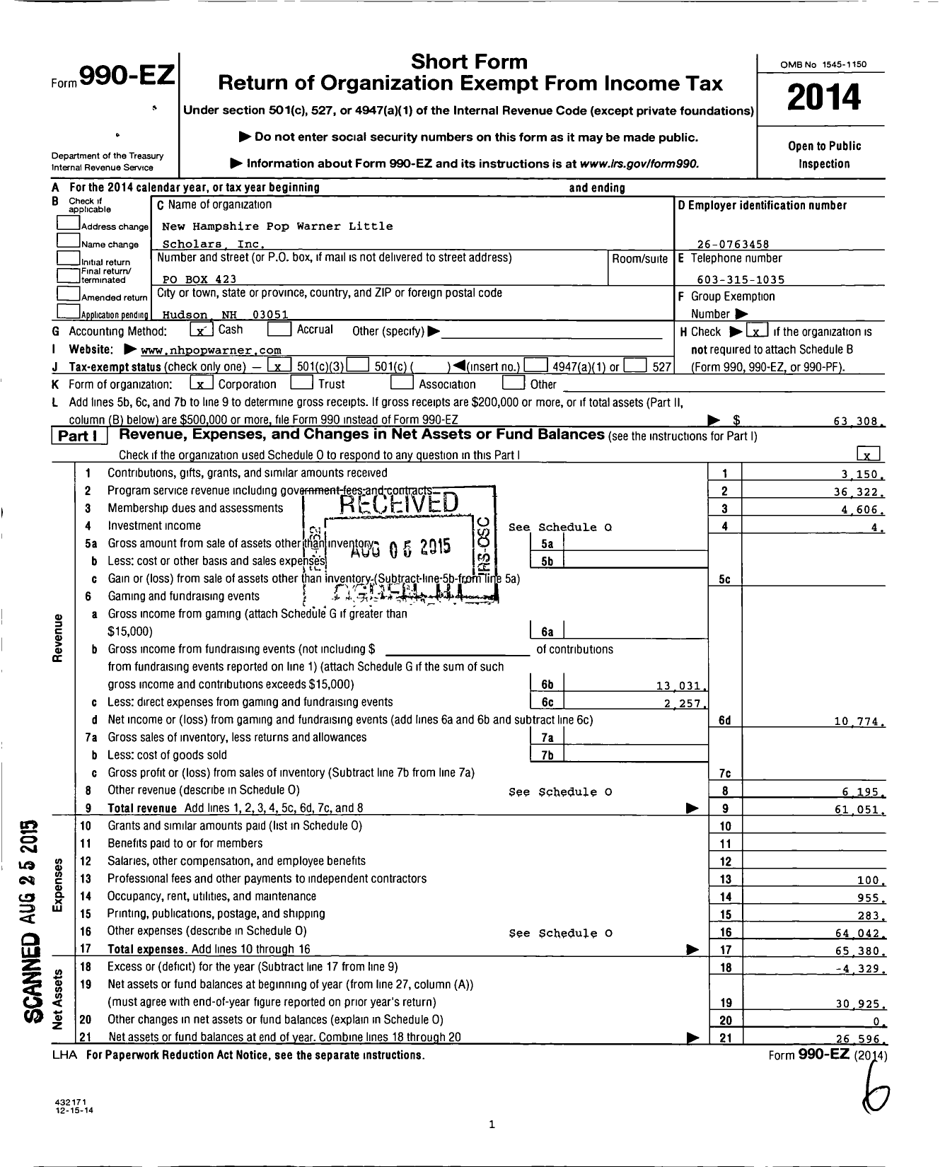 Image of first page of 2014 Form 990EZ for New Hampshire Pop Warner