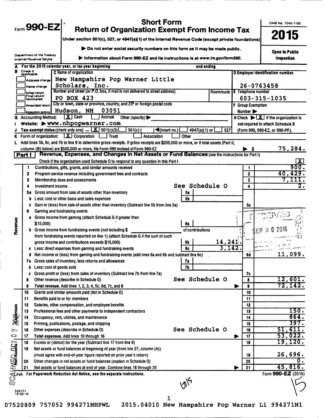 Image of first page of 2015 Form 990EZ for New Hampshire Pop Warner