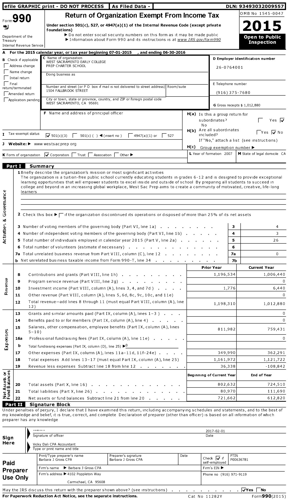 Image of first page of 2015 Form 990 for West Sacramento Early College Prep Charter School