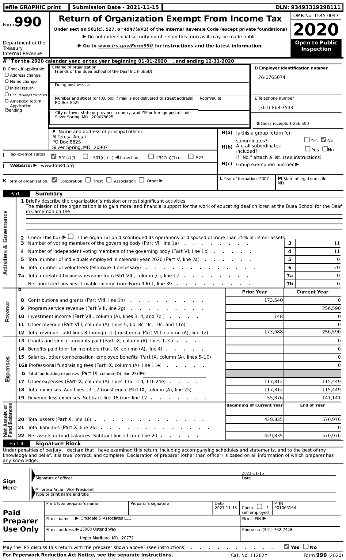 Image of first page of 2020 Form 990 for Friends of the Buea School of the Deaf