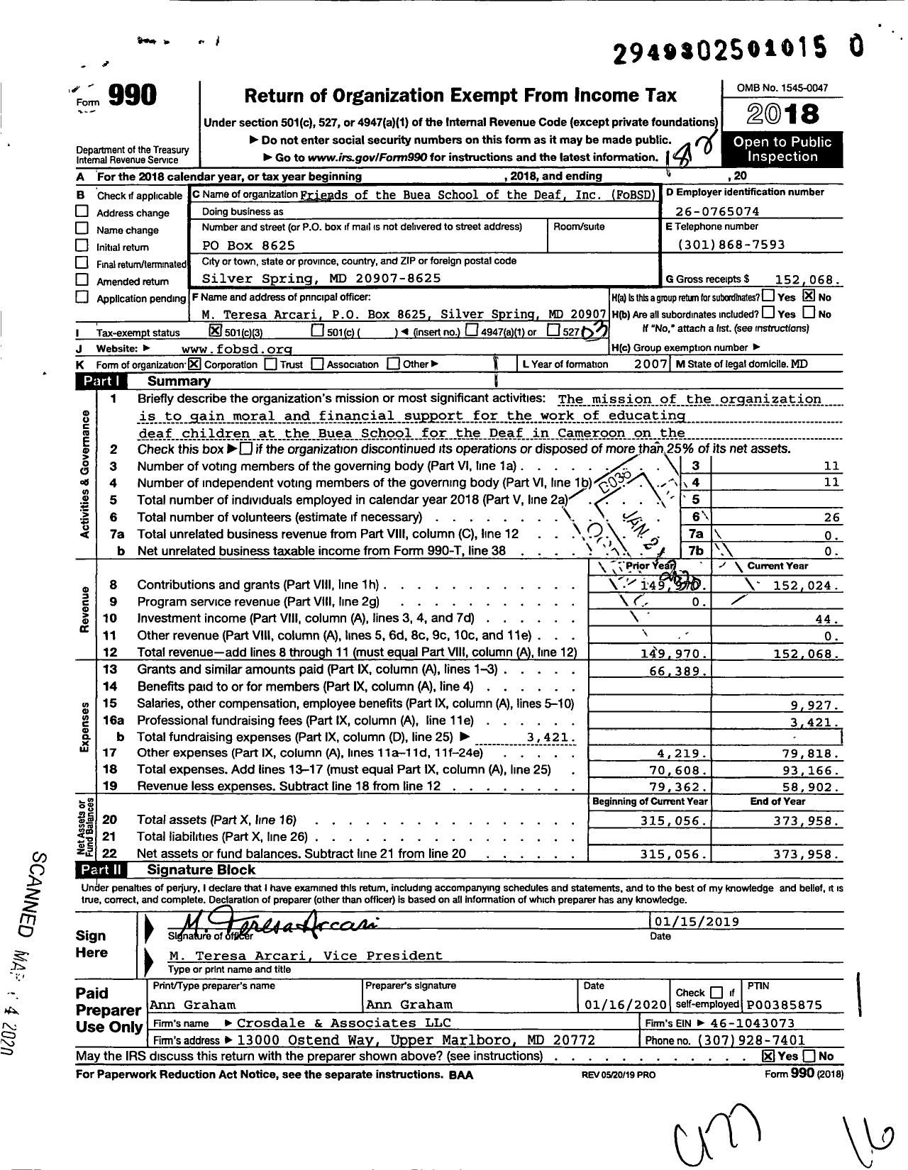 Image of first page of 2018 Form 990 for Friends of the Buea School of the Deaf