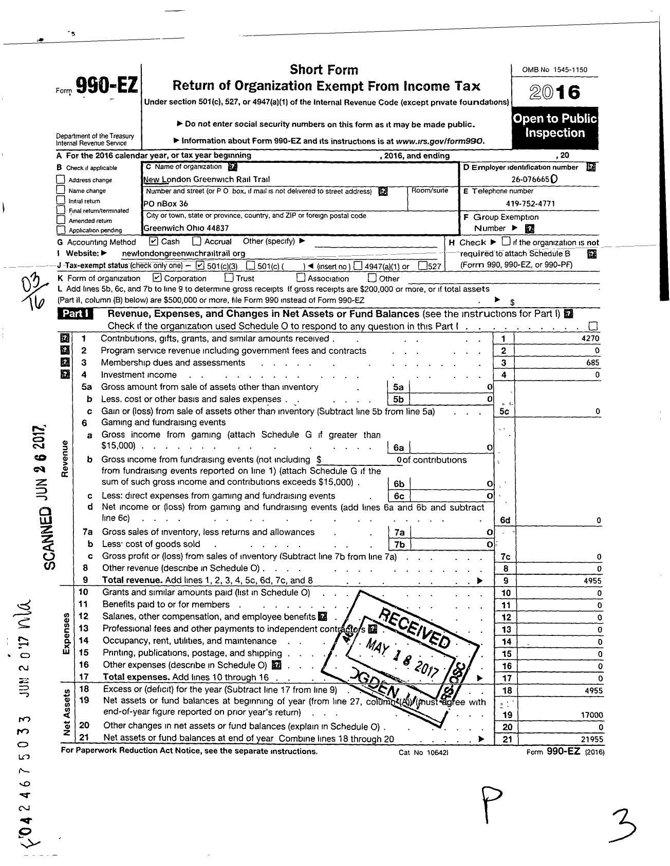 Image of first page of 2016 Form 990EZ for New London Greenwich Rail - Trail