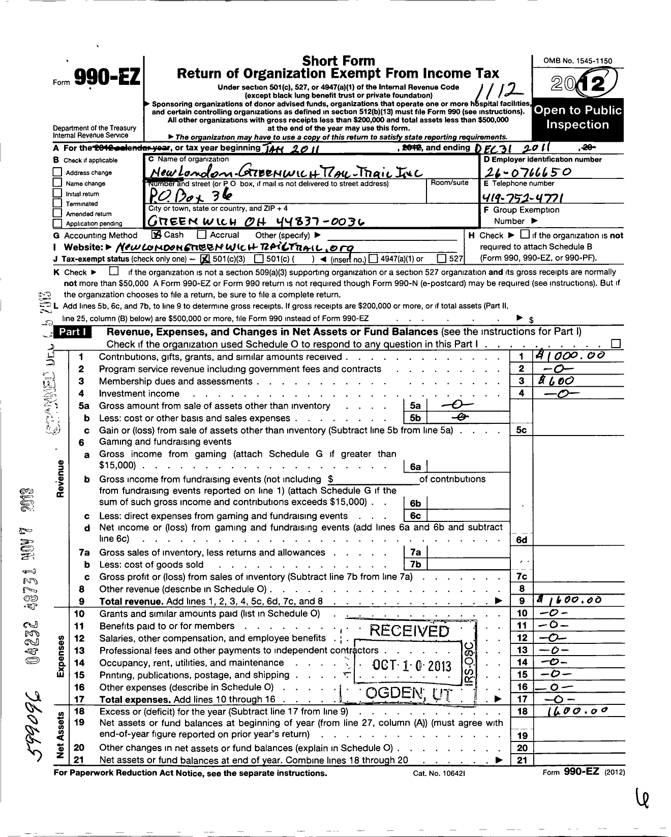 Image of first page of 2011 Form 990EZ for New London Greenwich Rail - Trail