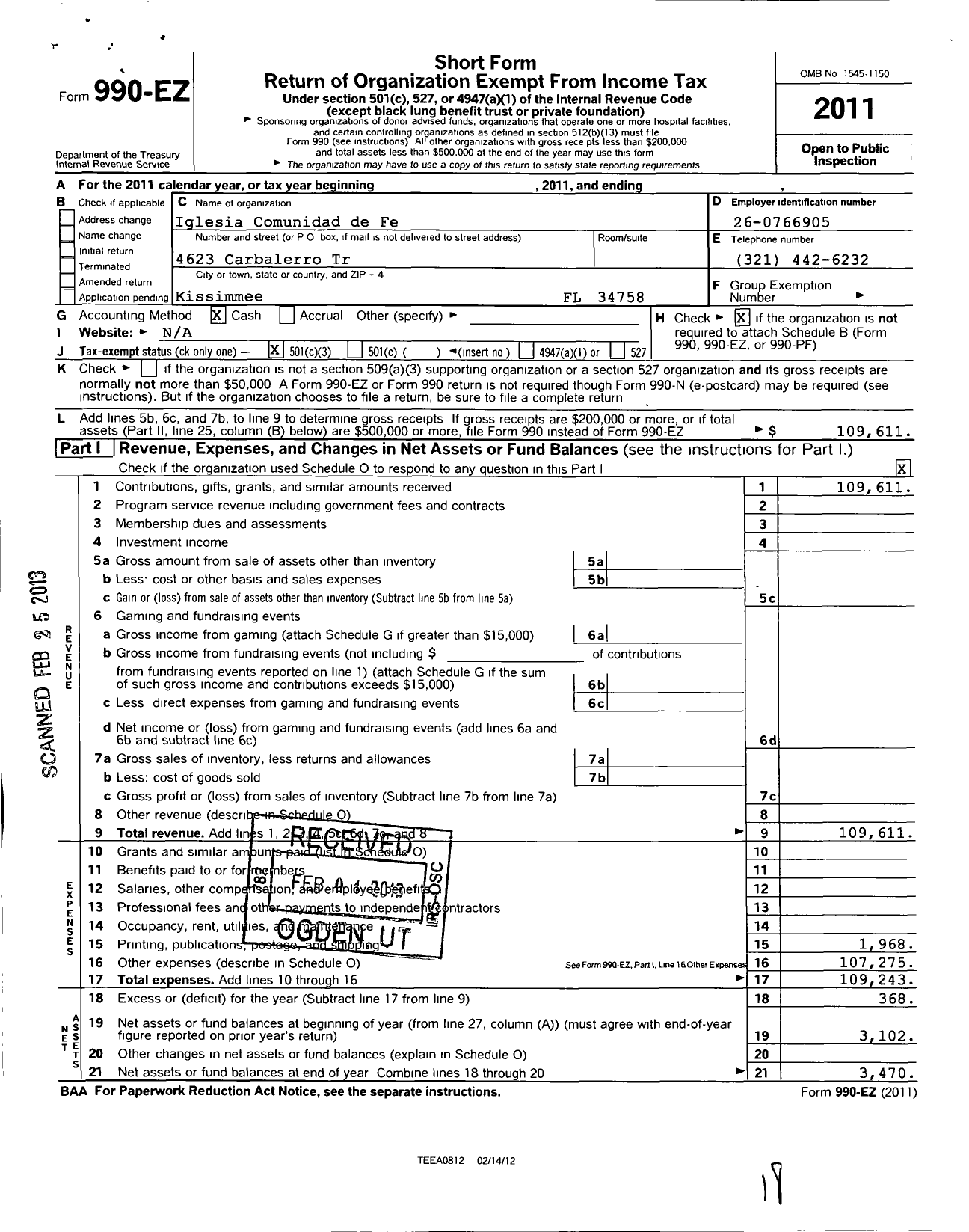 Image of first page of 2011 Form 990EZ for Iglesia Cristiana Comunidad de Fe