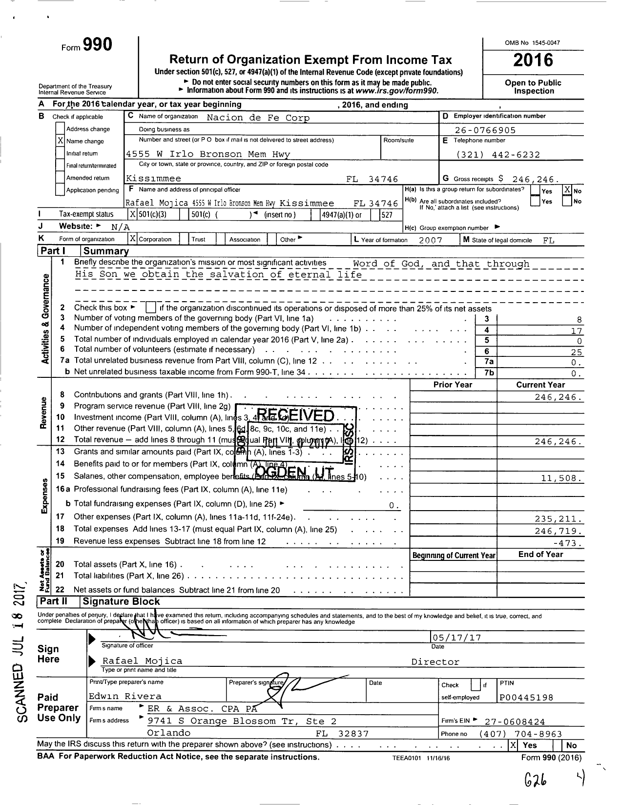 Image of first page of 2016 Form 990 for Iglesia Cristiana Comunidad de Fe