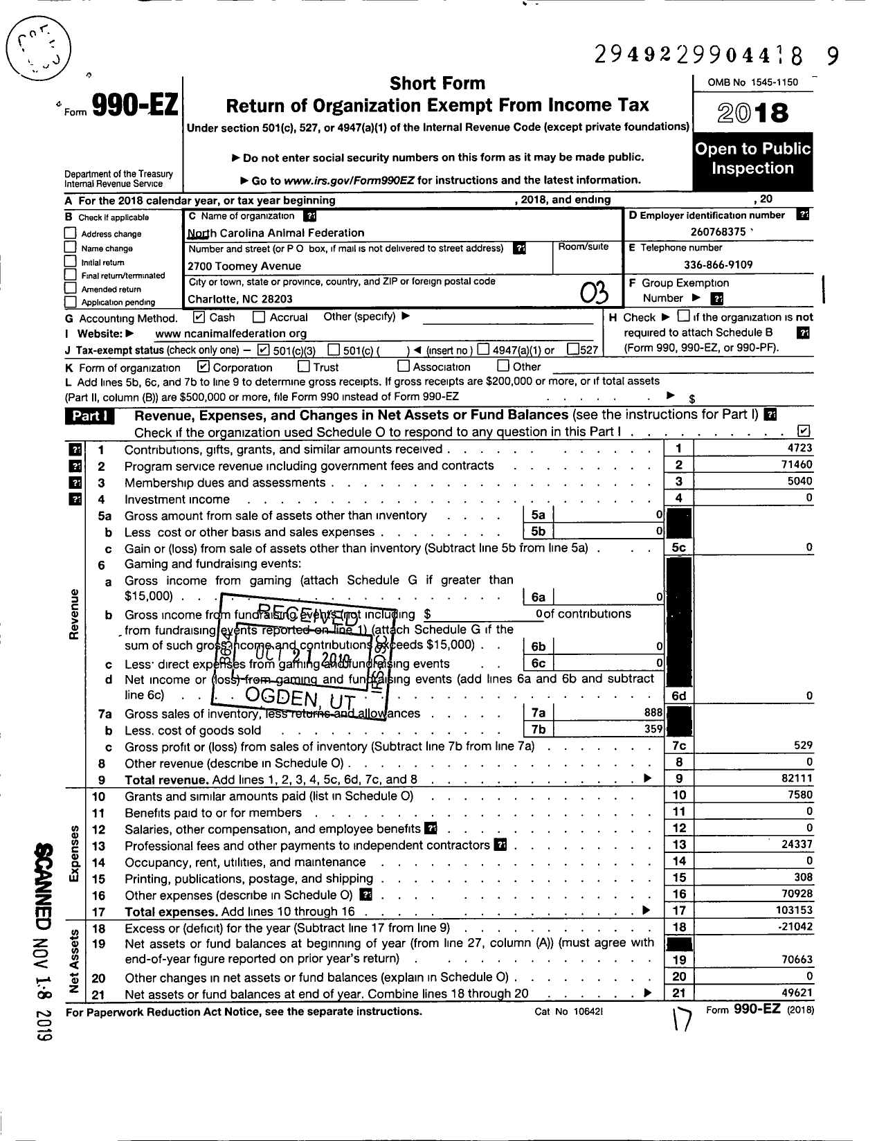 Image of first page of 2018 Form 990EZ for North Carolina Animal Federation