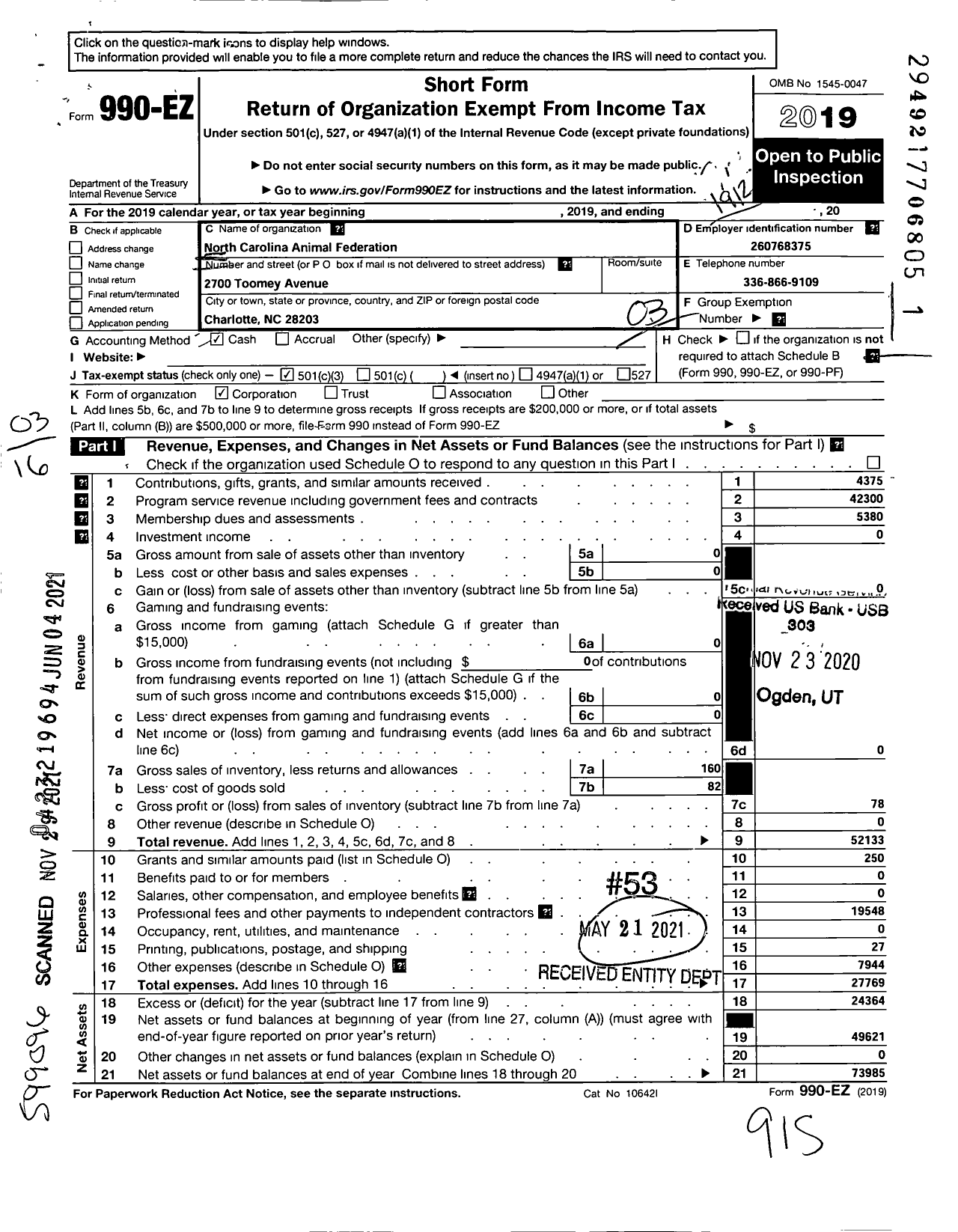 Image of first page of 2019 Form 990EZ for North Carolina Animal Federation