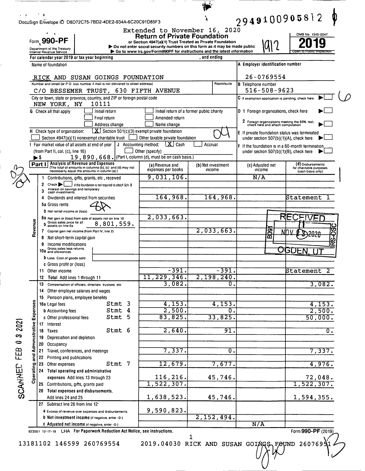 Image of first page of 2019 Form 990PF for Rick and Susan Goings Foundation