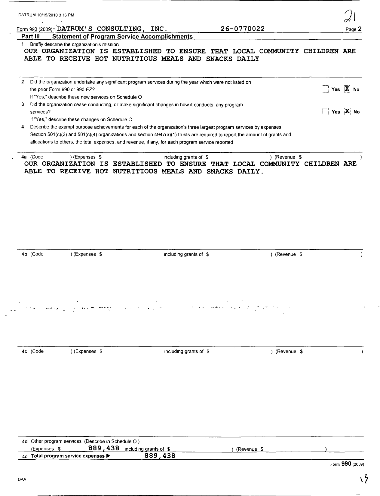 Image of first page of 2009 Form 990R for Datram's Consulting