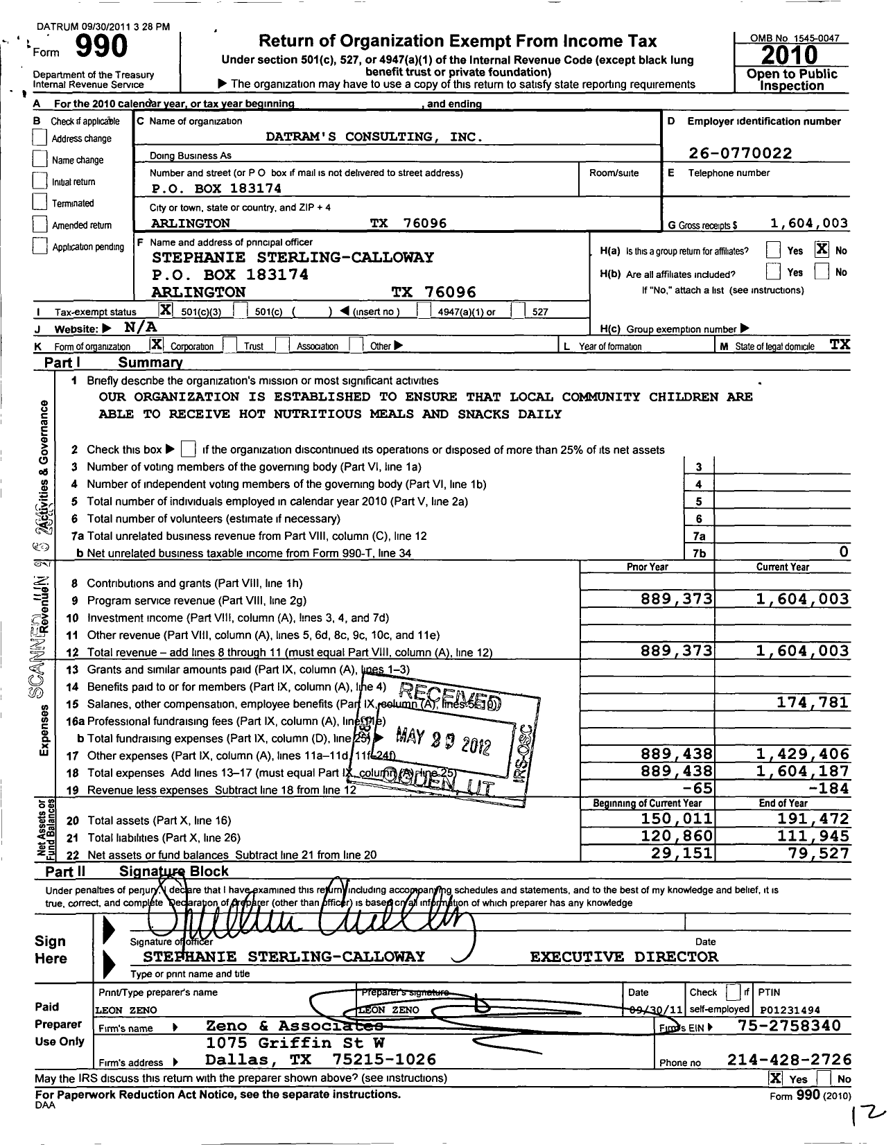 Image of first page of 2010 Form 990 for Datram's Consulting