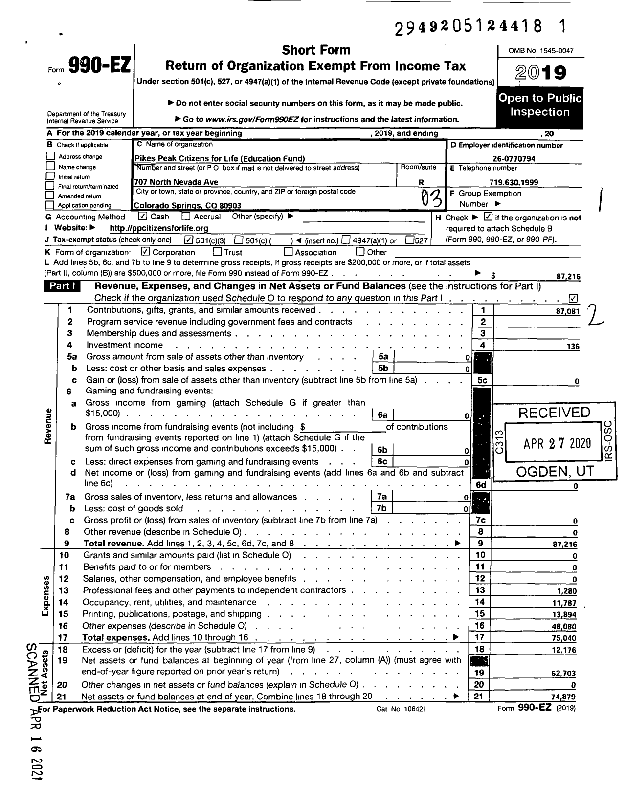 Image of first page of 2019 Form 990EZ for Pikes Peak Citizens for Life / PPCFL Education Fund