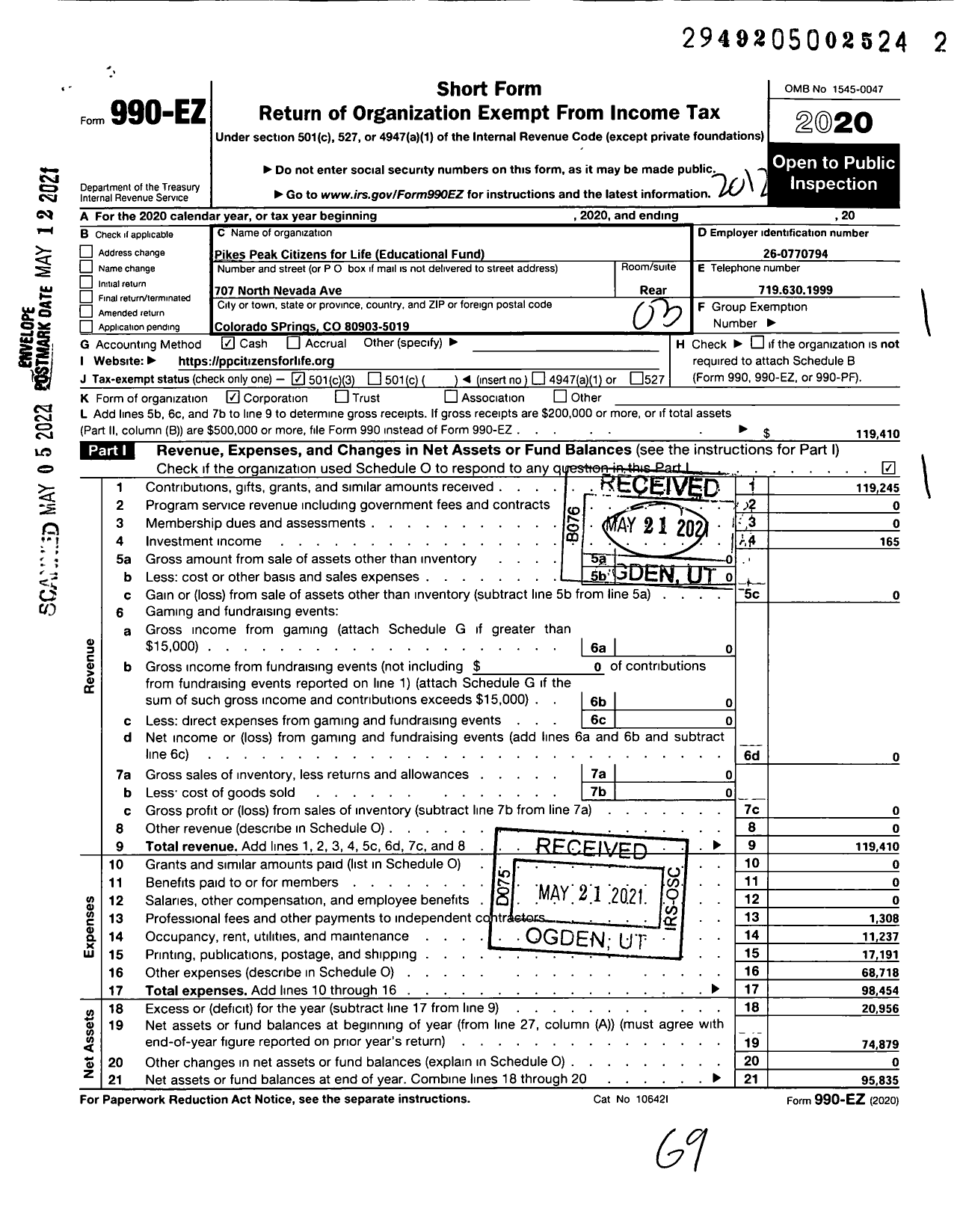 Image of first page of 2020 Form 990EZ for Pikes Peak Citizens for Life / PPCFL Education Fund