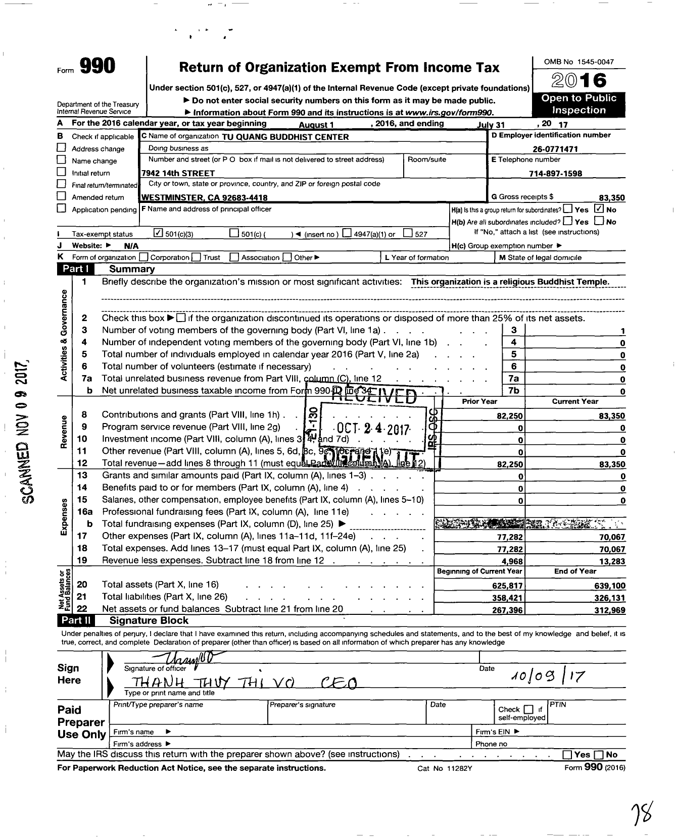 Image of first page of 2016 Form 990 for Tu Quang Buddhist Center