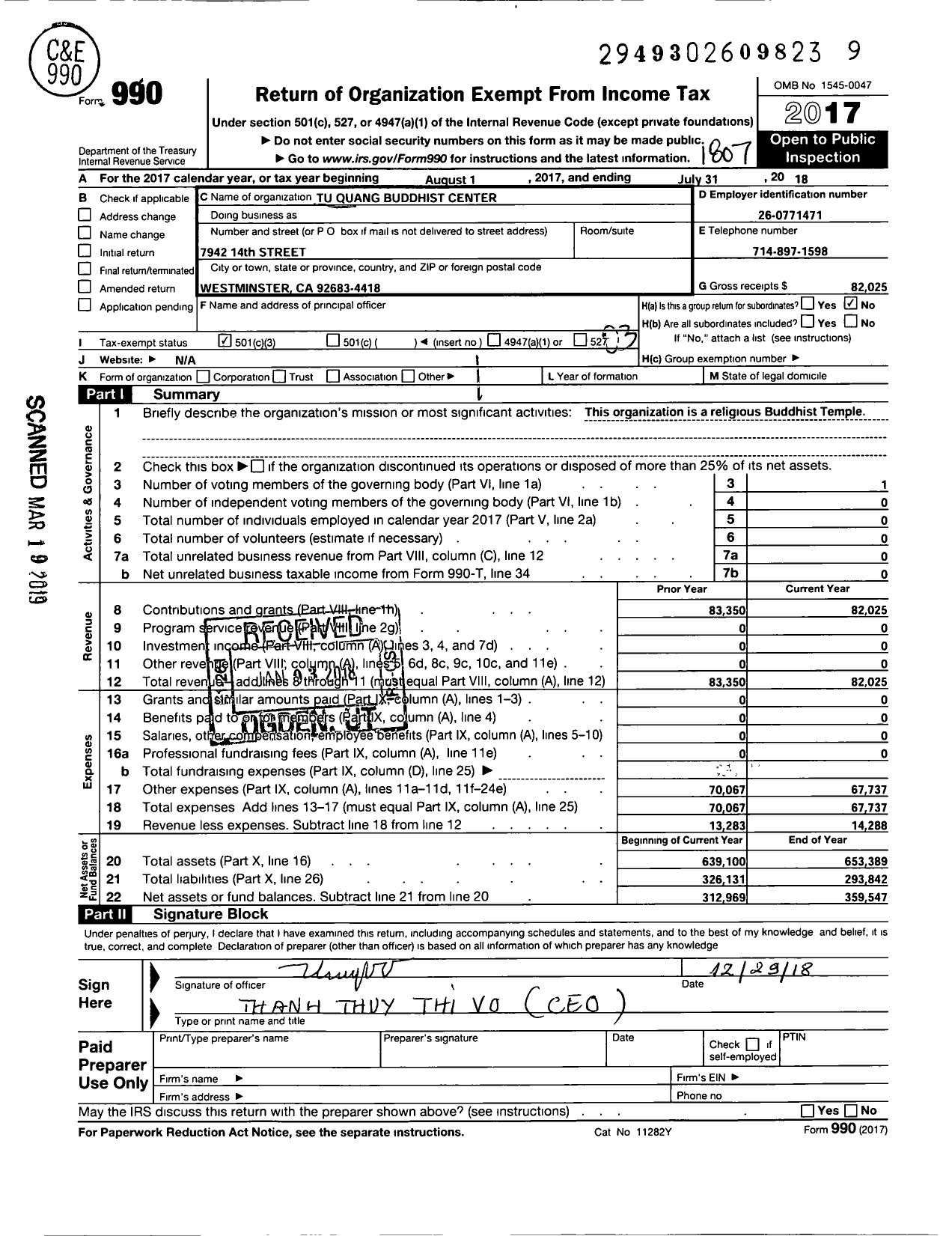 Image of first page of 2017 Form 990 for Tu Quang Buddhist Center