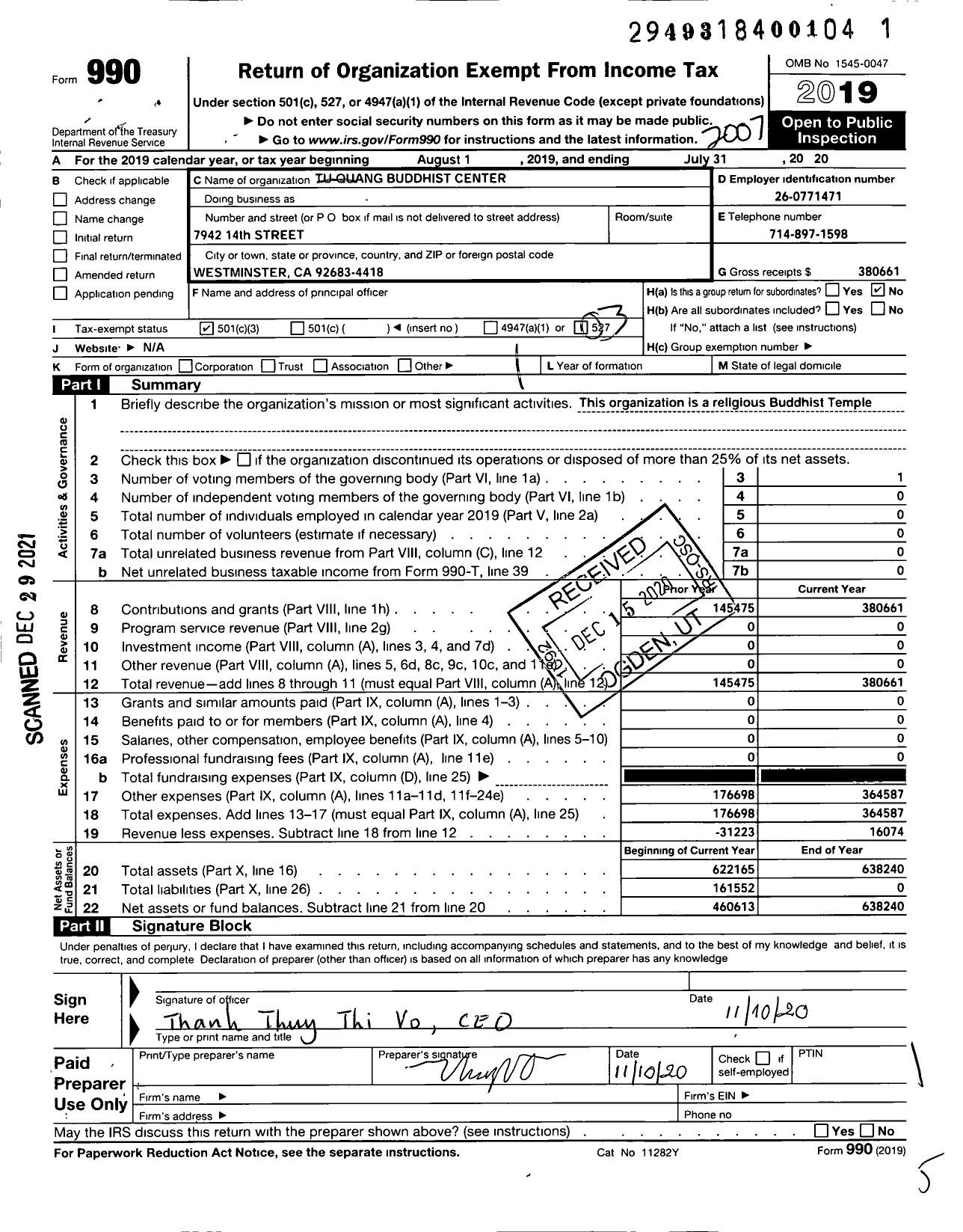 Image of first page of 2019 Form 990 for Tu Quang Buddhist Center