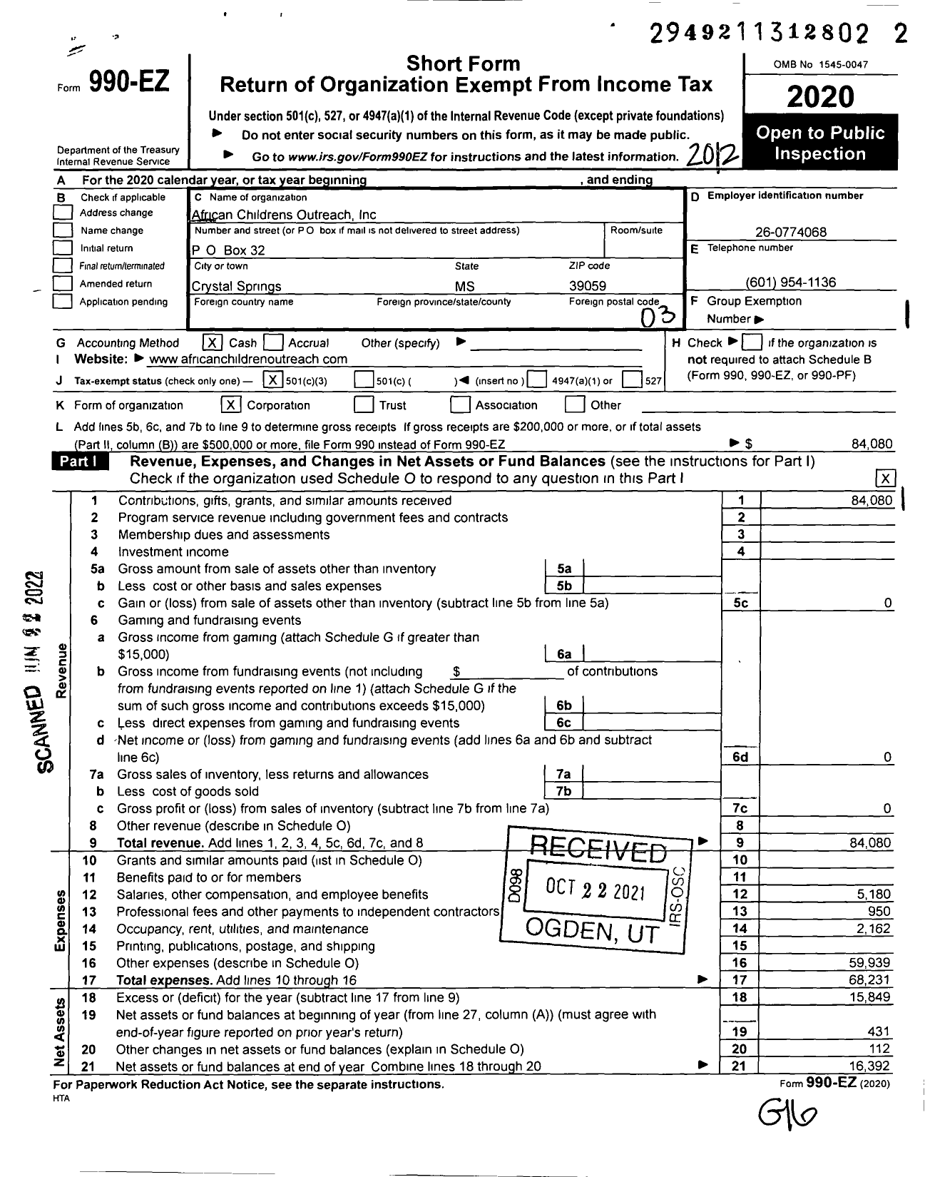 Image of first page of 2020 Form 990EZ for African Childrens Outreach