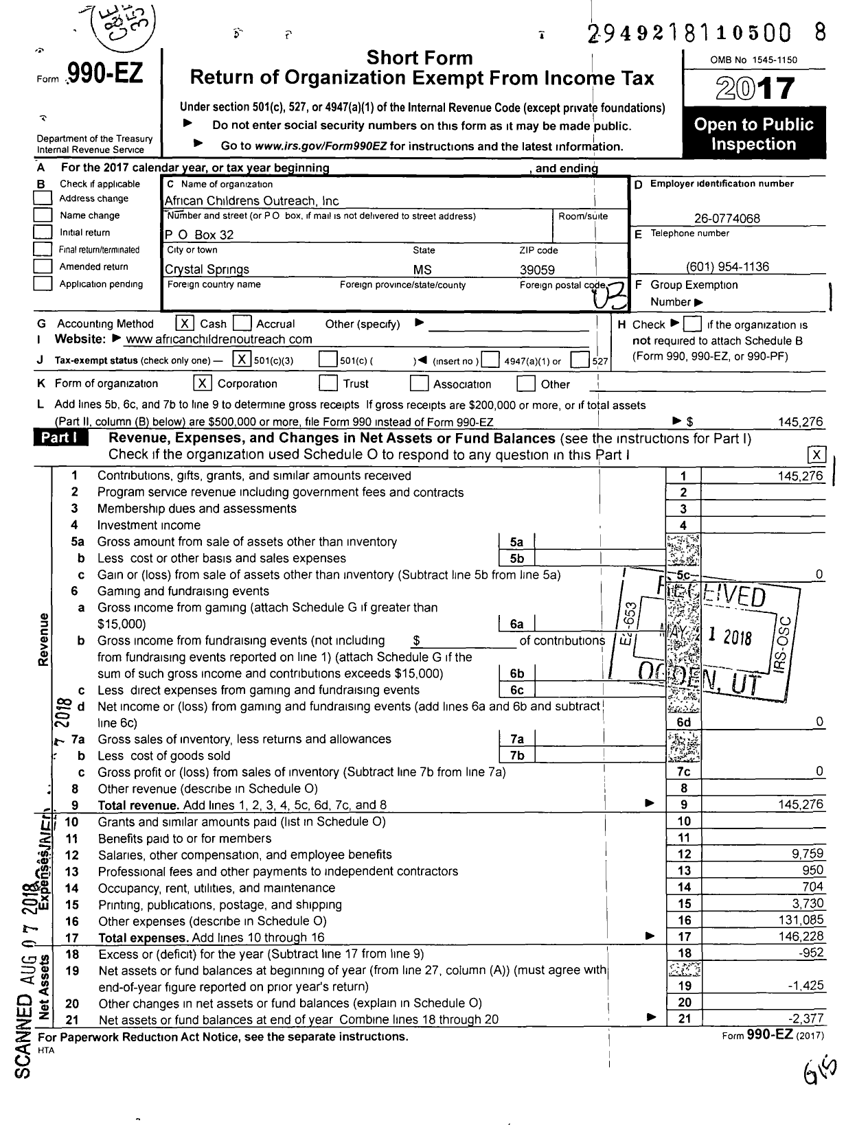 Image of first page of 2017 Form 990EZ for African Childrens Outreach