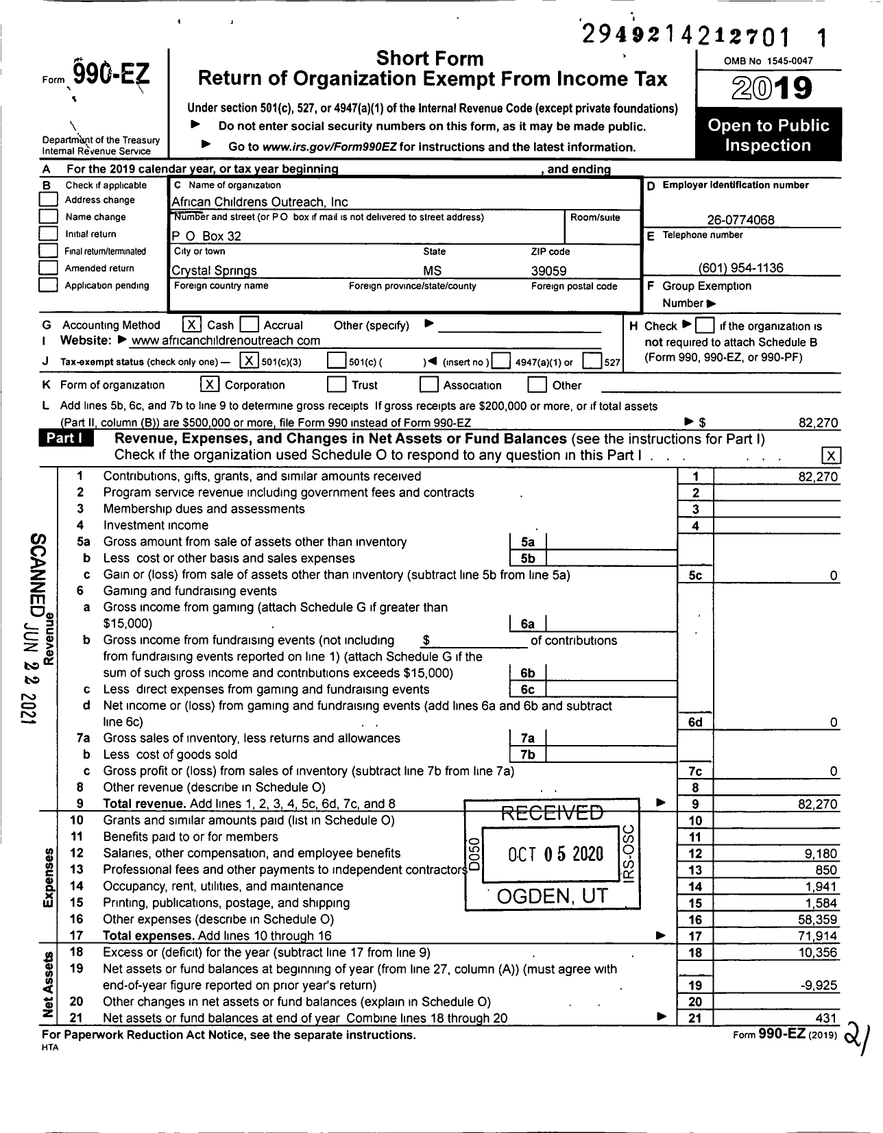 Image of first page of 2019 Form 990EZ for African Childrens Outreach