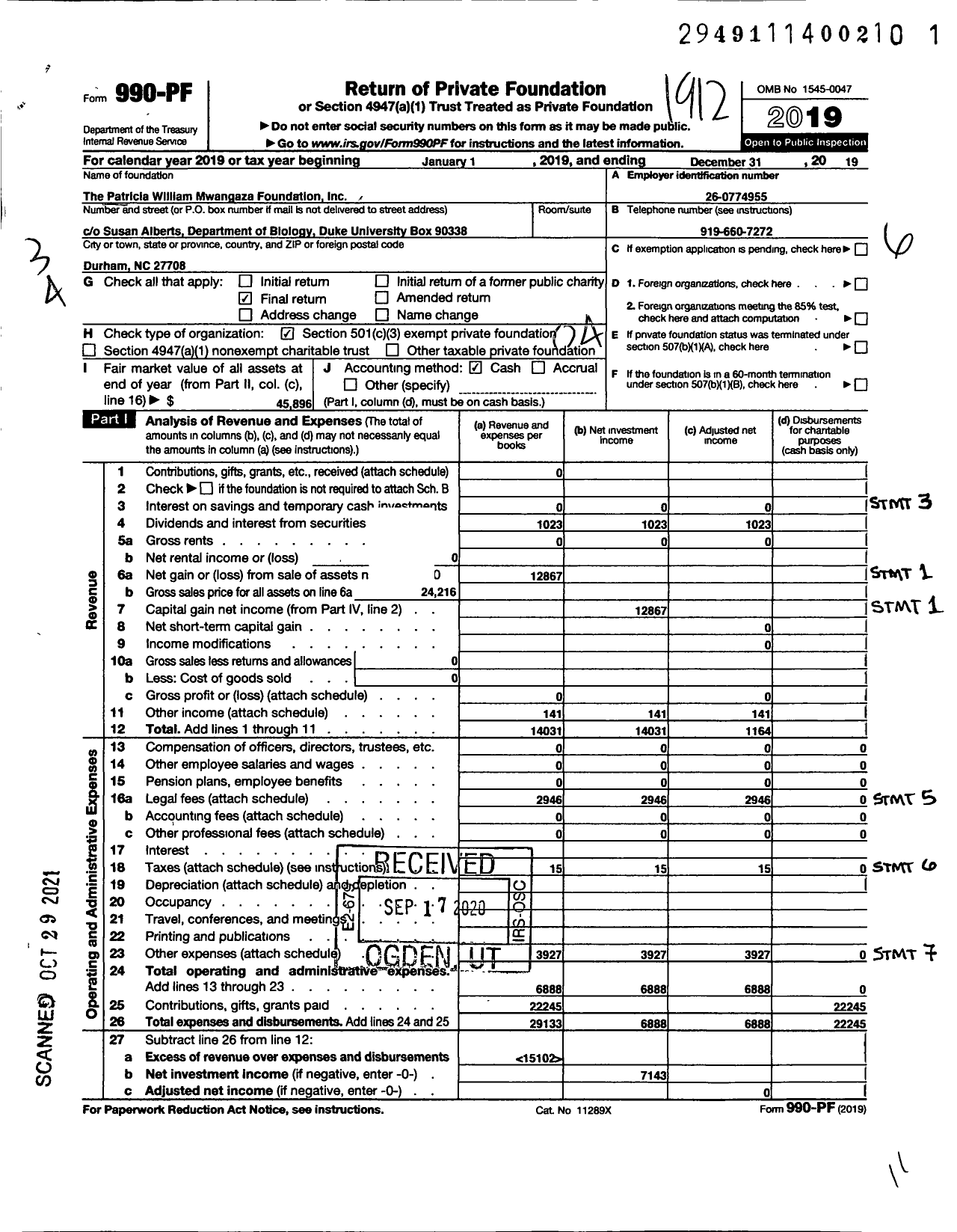 Image of first page of 2019 Form 990PF for The Patricia William Mwangaza Foundation