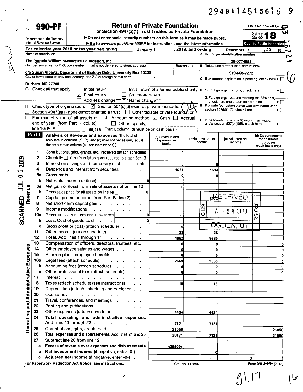 Image of first page of 2018 Form 990PF for The Patricia William Mwangaza Foundation