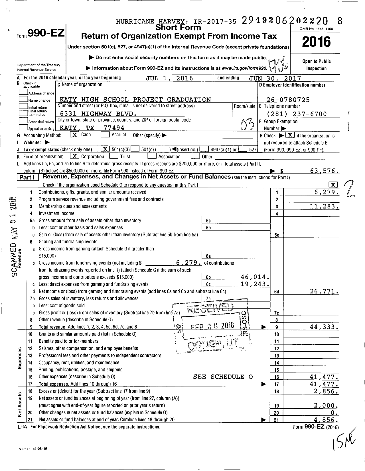 Image of first page of 2016 Form 990EZ for Katy High School Project Graduation