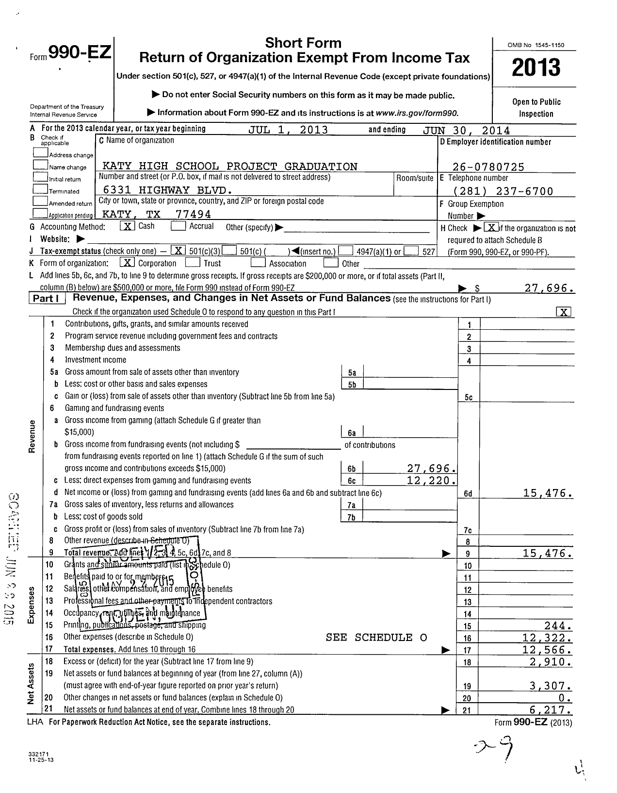 Image of first page of 2013 Form 990EZ for Katy High School Project Graduation