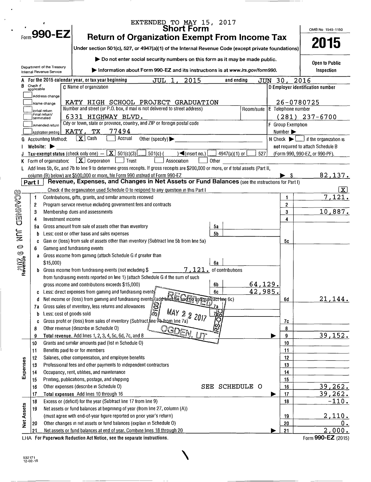 Image of first page of 2015 Form 990EZ for Katy High School Project Graduation