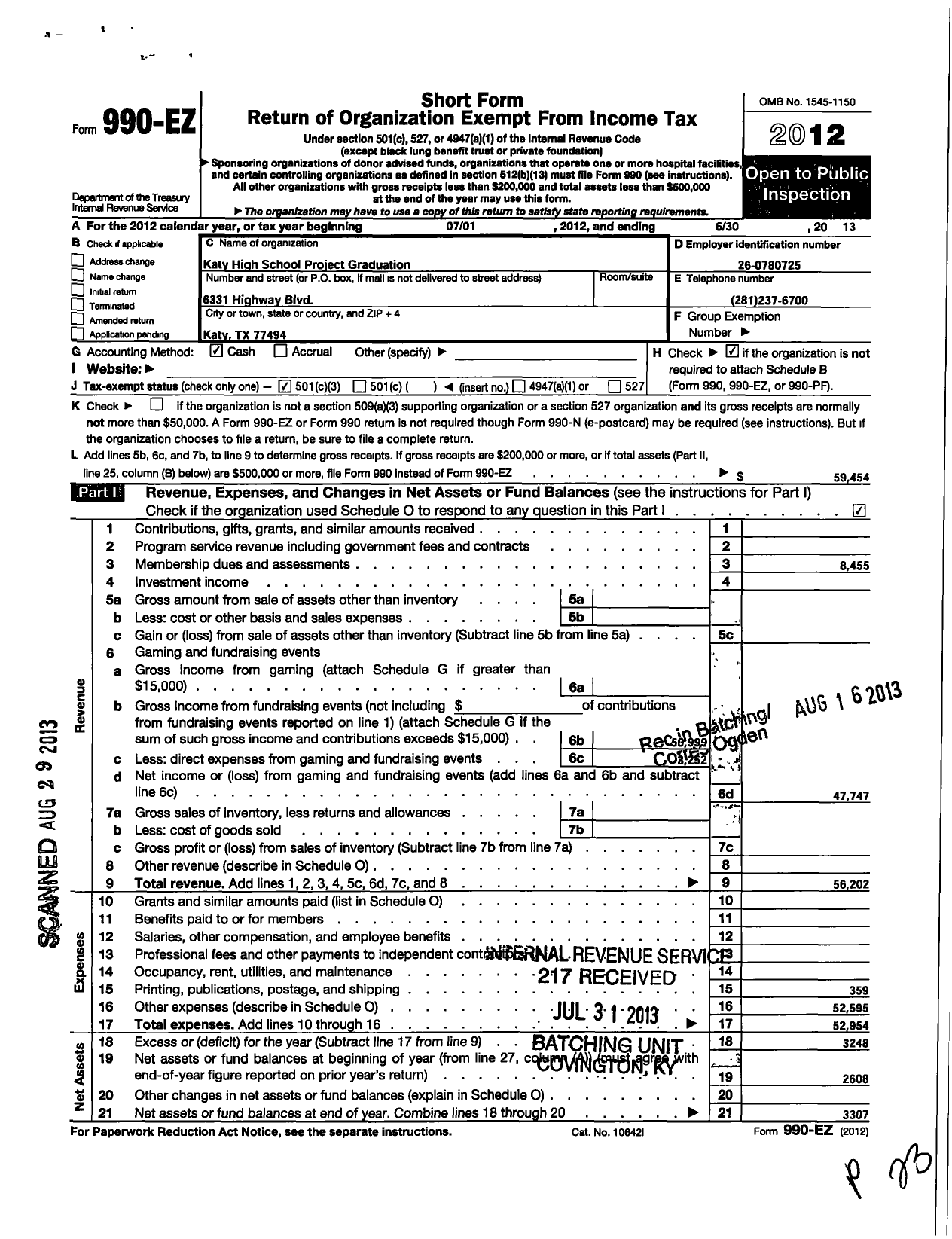 Image of first page of 2012 Form 990EZ for Katy High School Project Graduation