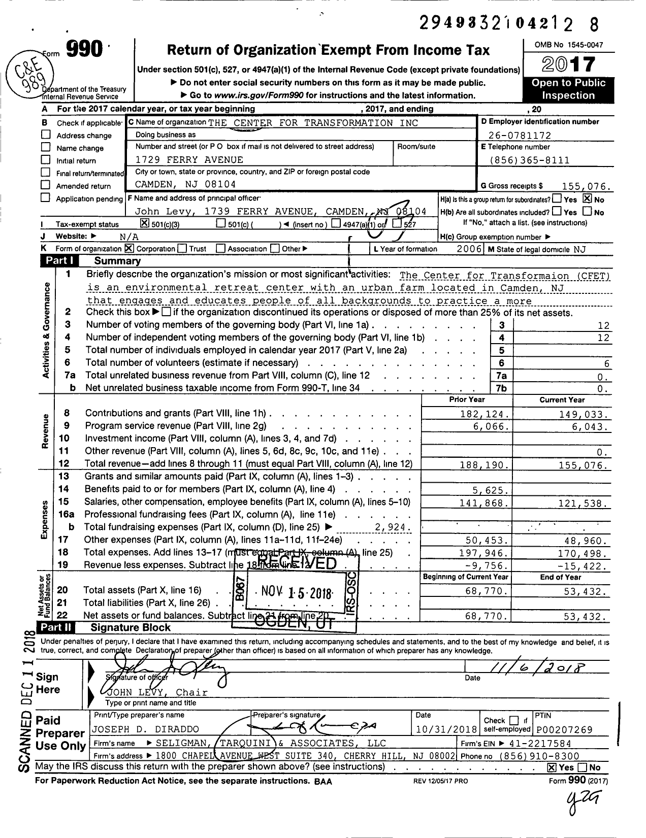 Image of first page of 2017 Form 990 for The Center for Transformation