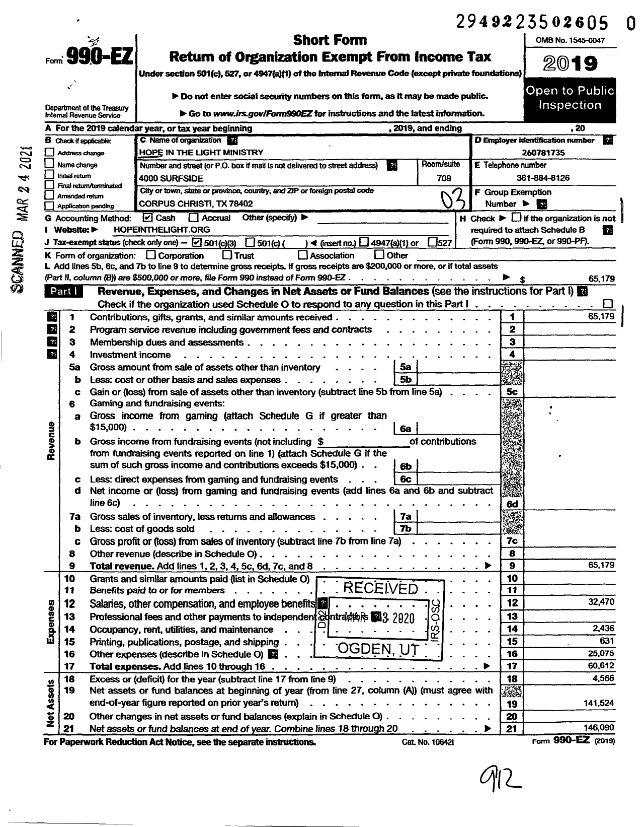 Image of first page of 2019 Form 990EZ for Hope in the Light Ministry