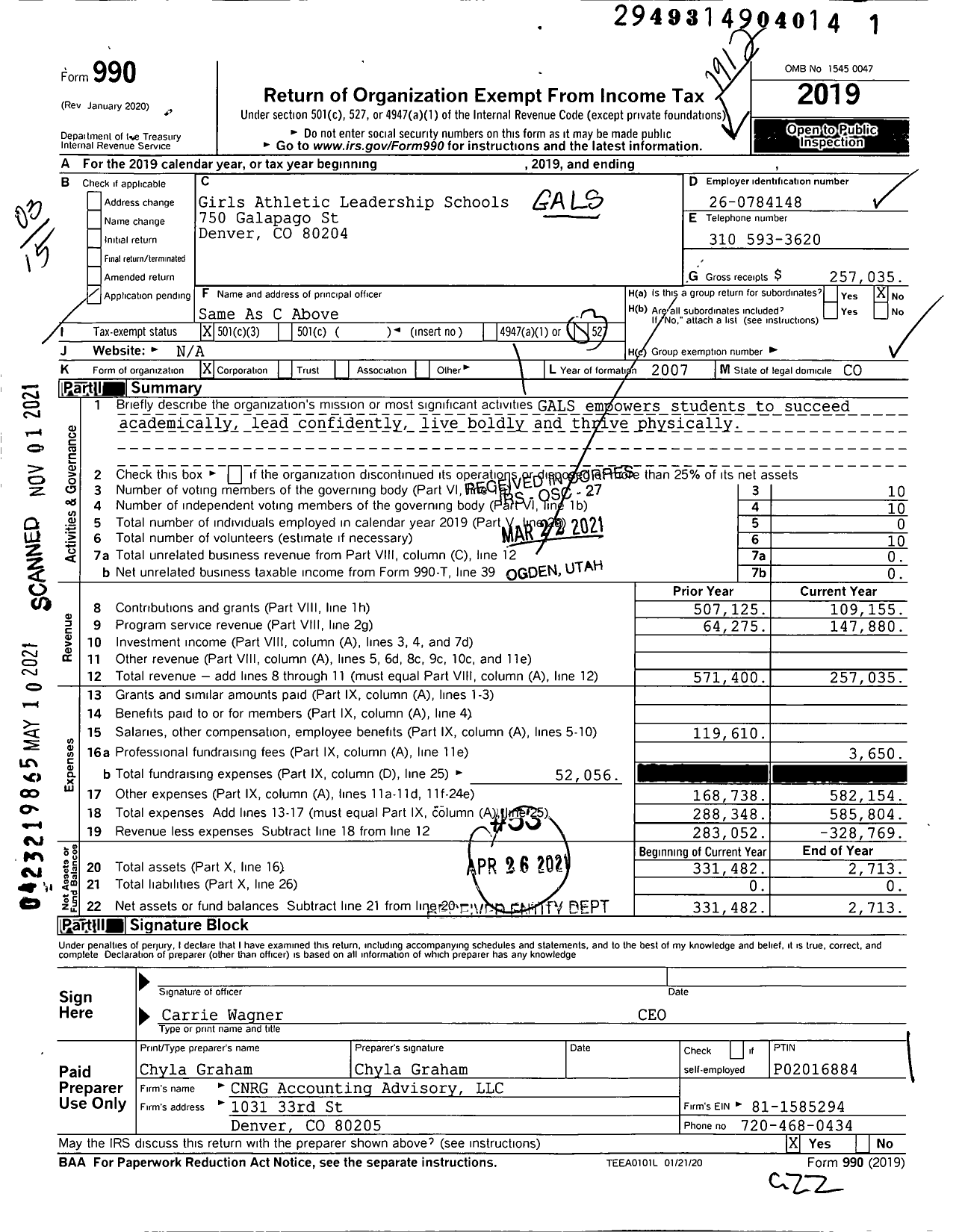 Image of first page of 2019 Form 990 for Girls Athletic Leadership Schools