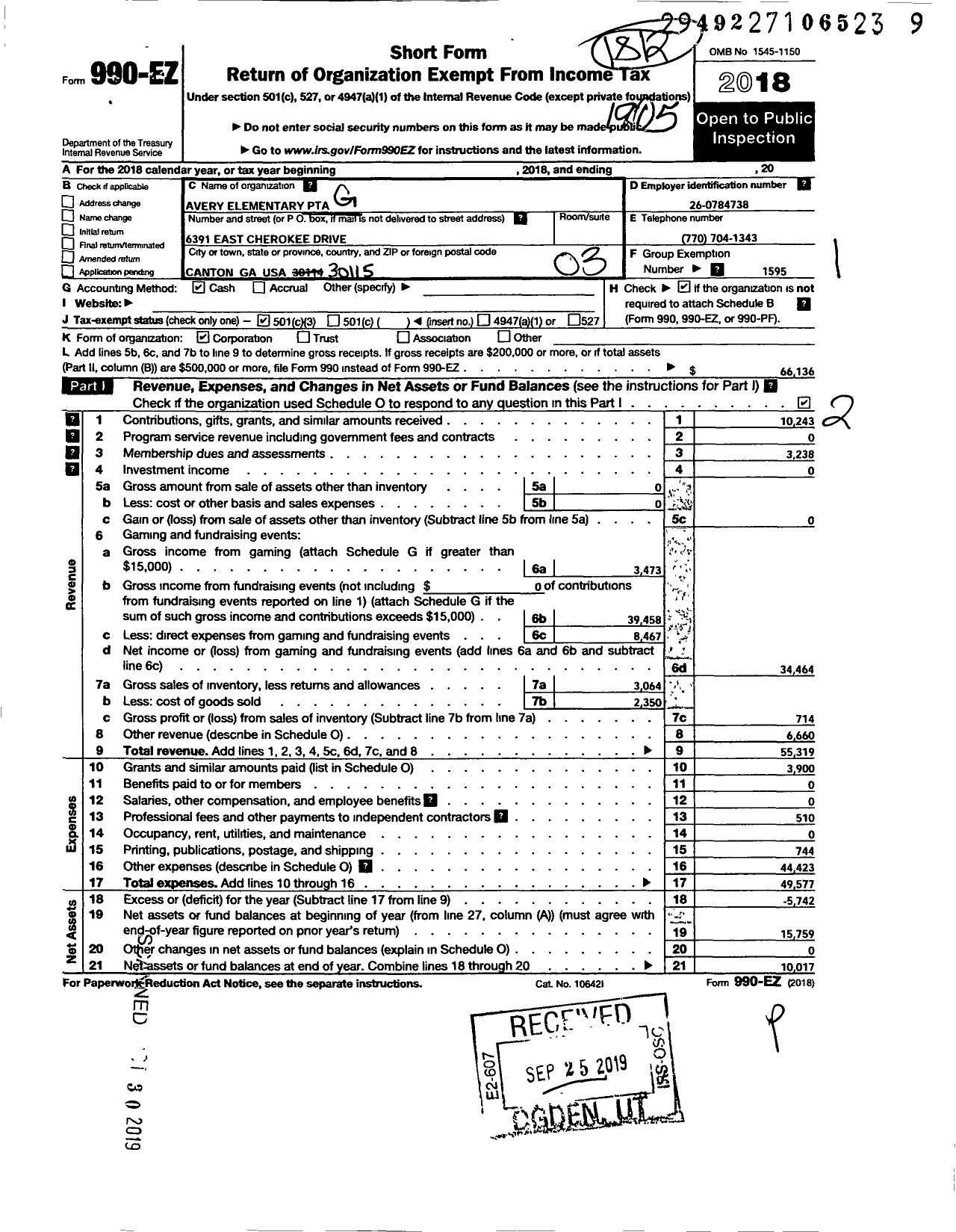 Image of first page of 2018 Form 990EZ for GEORGIA PTA - Avery ES PTA