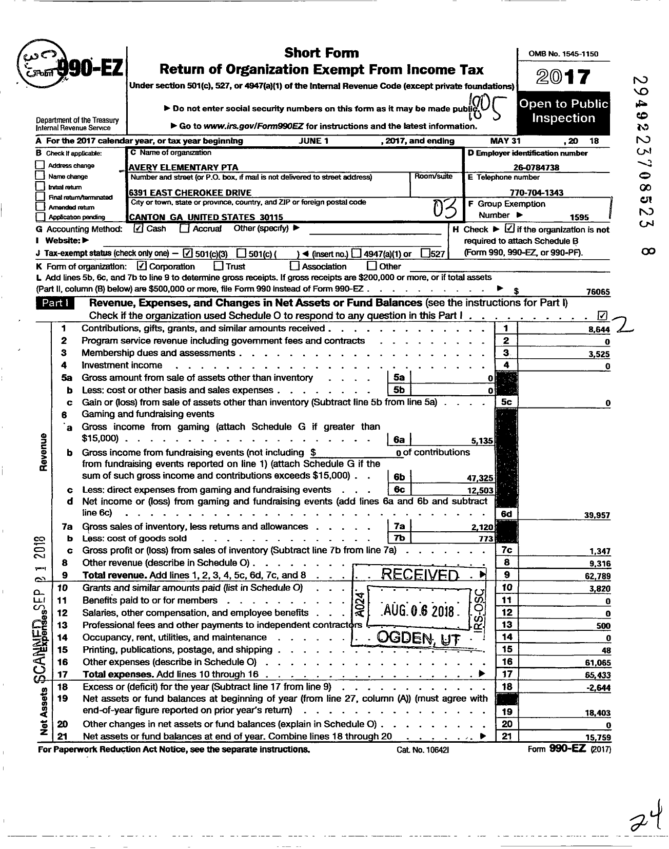 Image of first page of 2017 Form 990EZ for GEORGIA PTA - Avery ES PTA