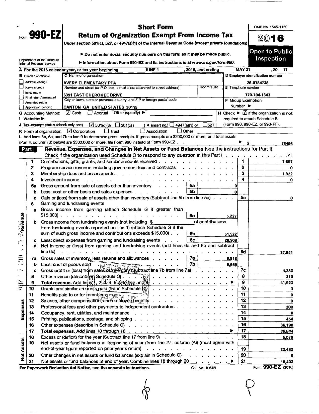 Image of first page of 2016 Form 990EZ for GEORGIA PTA - Avery ES PTA