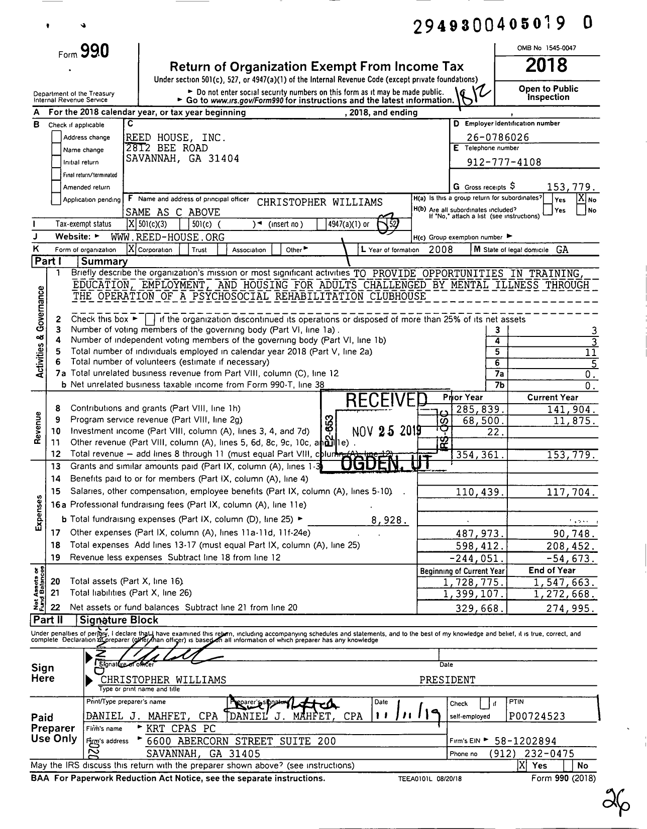 Image of first page of 2018 Form 990 for Reed House