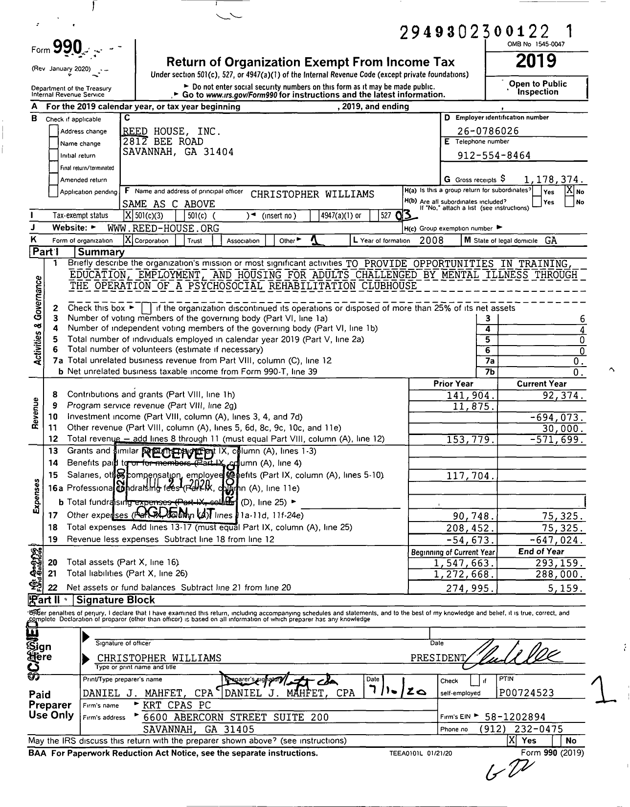 Image of first page of 2019 Form 990 for Reed House