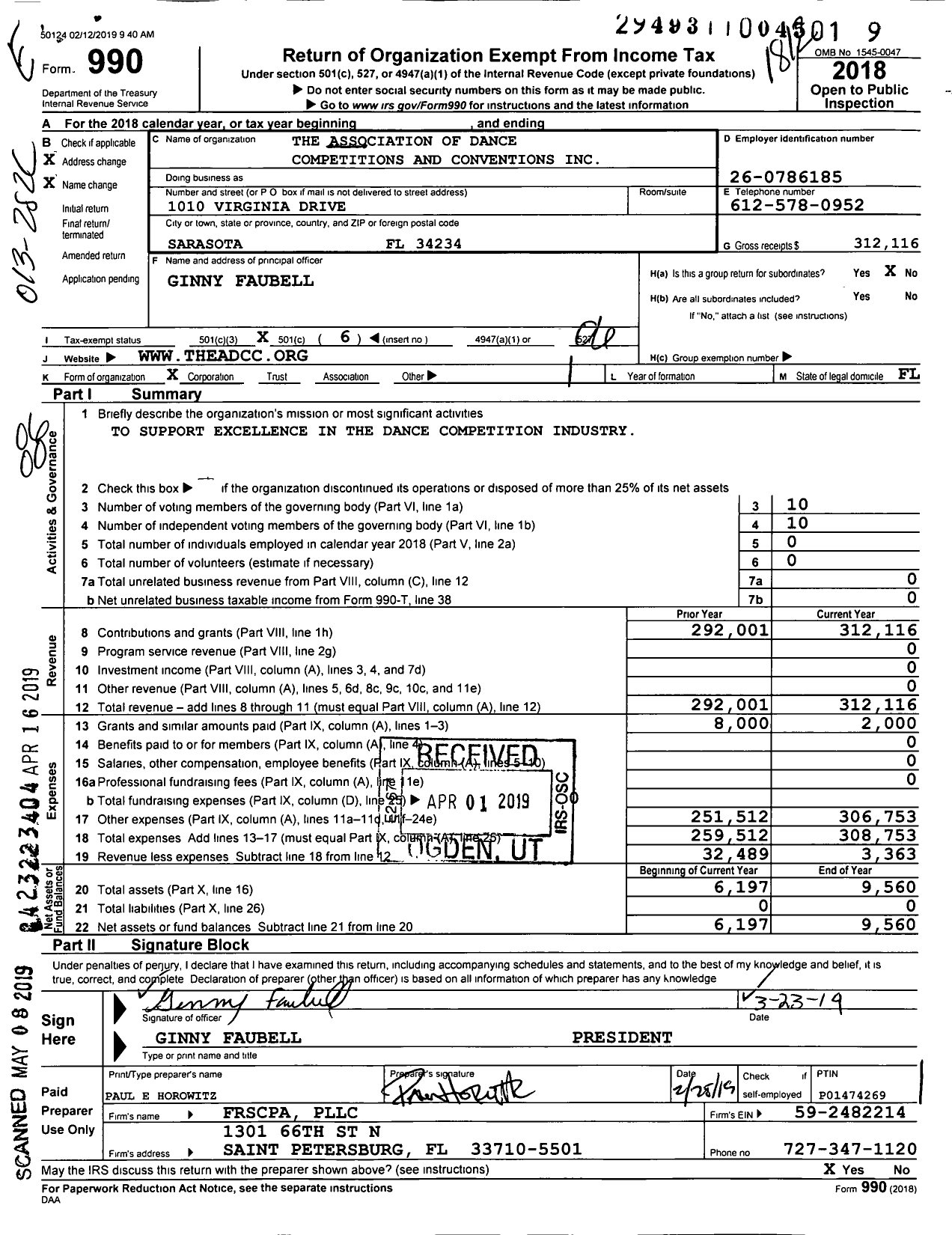 Image of first page of 2018 Form 990O for The Association of Dance Competitions and Conventions