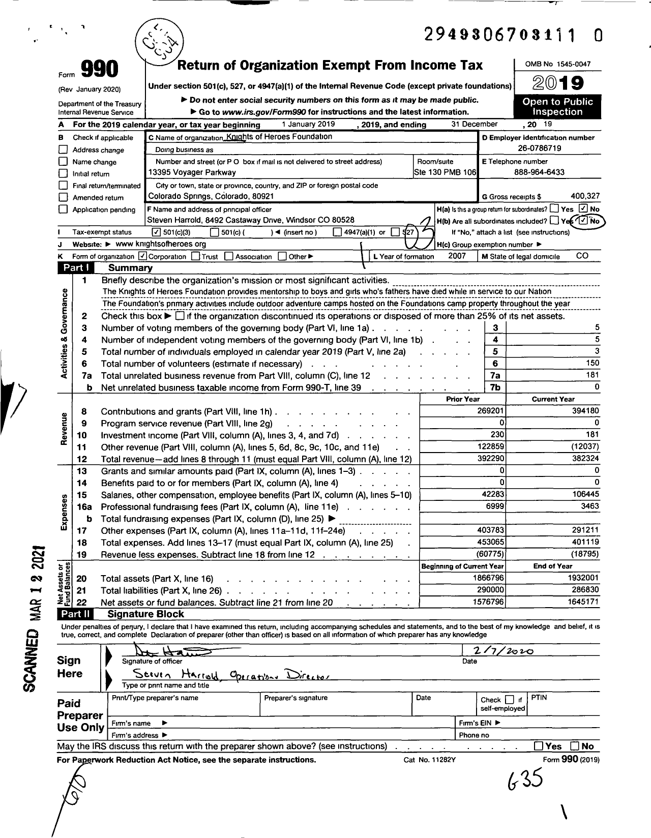 Image of first page of 2019 Form 990 for Knights of Heroes Foundation