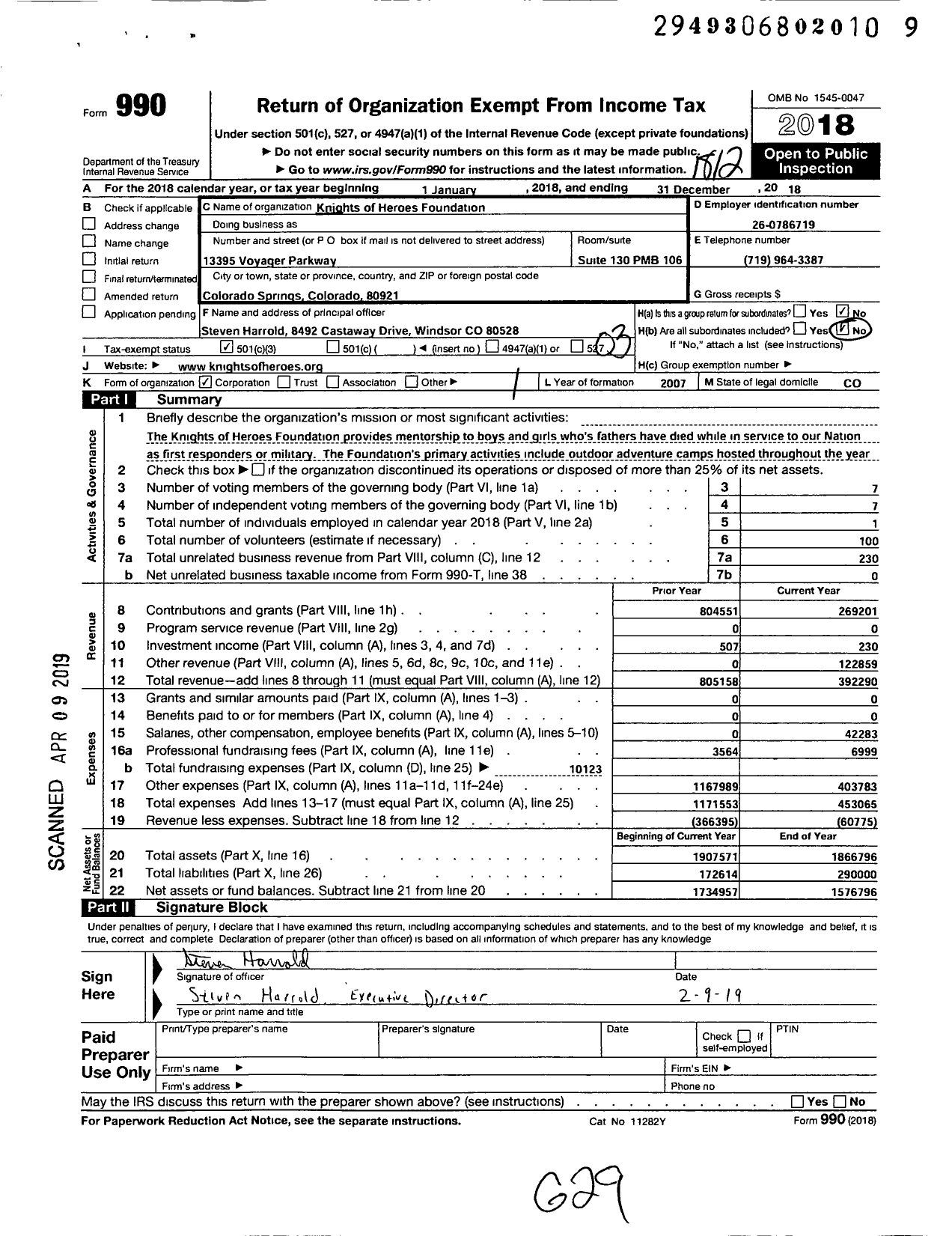 Image of first page of 2018 Form 990 for Knights of Heroes Foundation