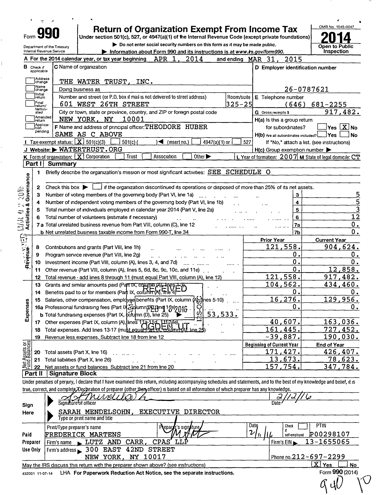 Image of first page of 2014 Form 990 for Water Trust