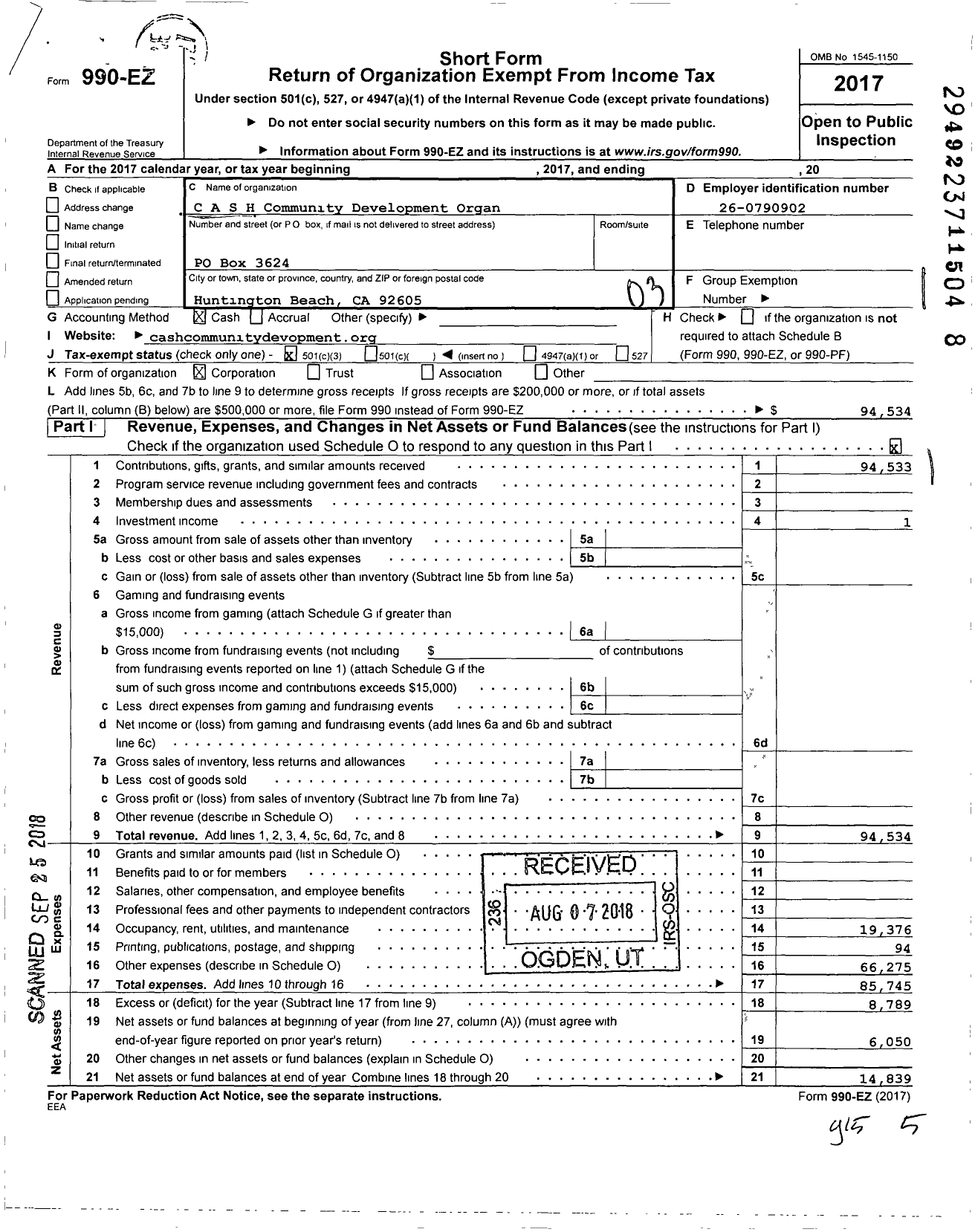 Image of first page of 2017 Form 990EZ for C A S H Community Development Organ