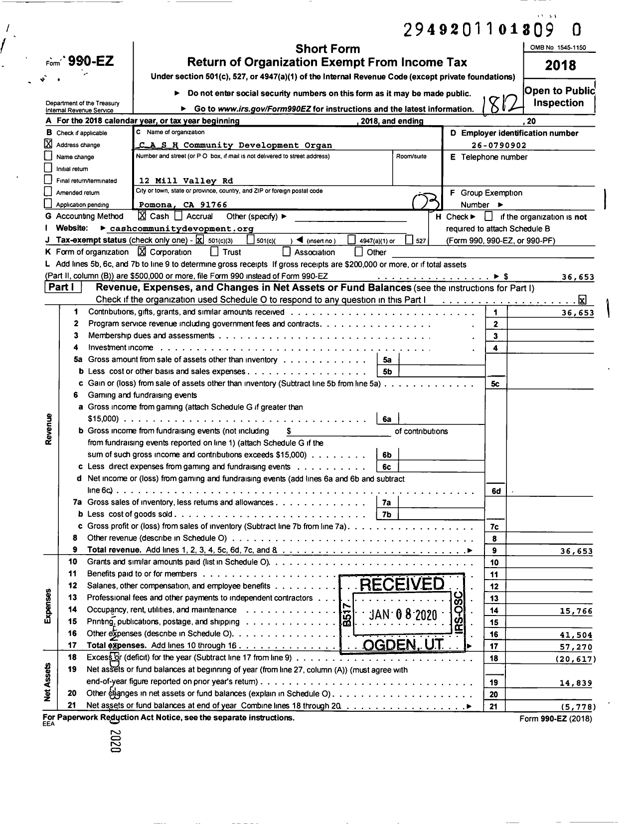 Image of first page of 2018 Form 990EZ for C A S H Community Development Organ