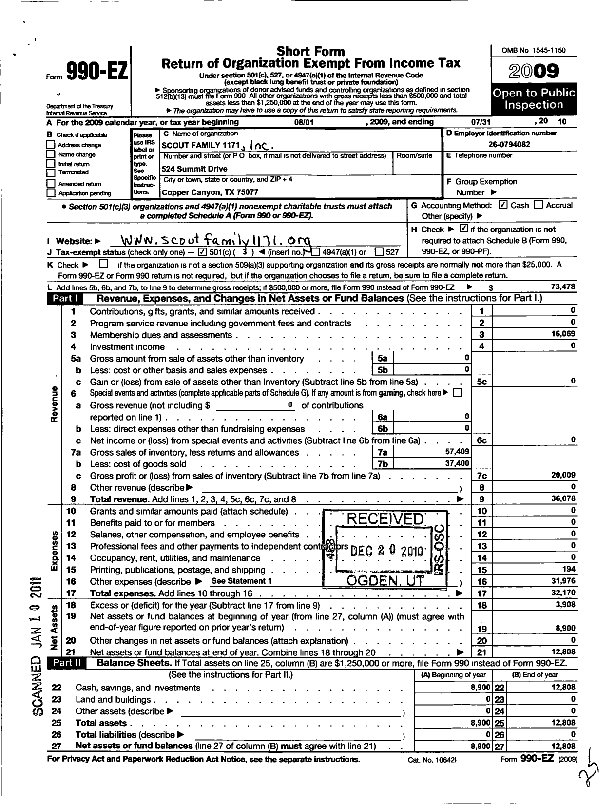 Image of first page of 2009 Form 990EZ for Scout Family 1171