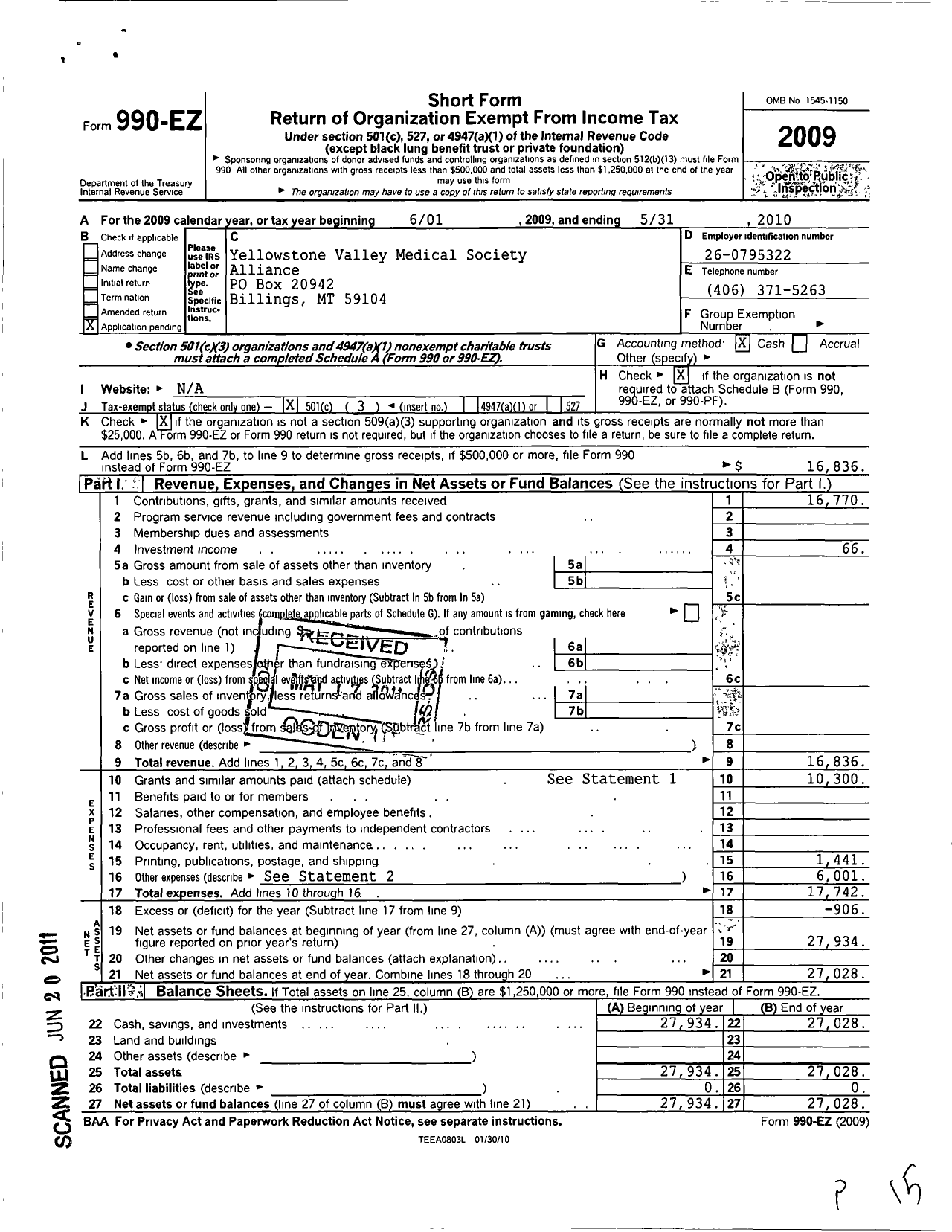 Image of first page of 2009 Form 990EZ for Yellowstone Valley Medical Society Alliance