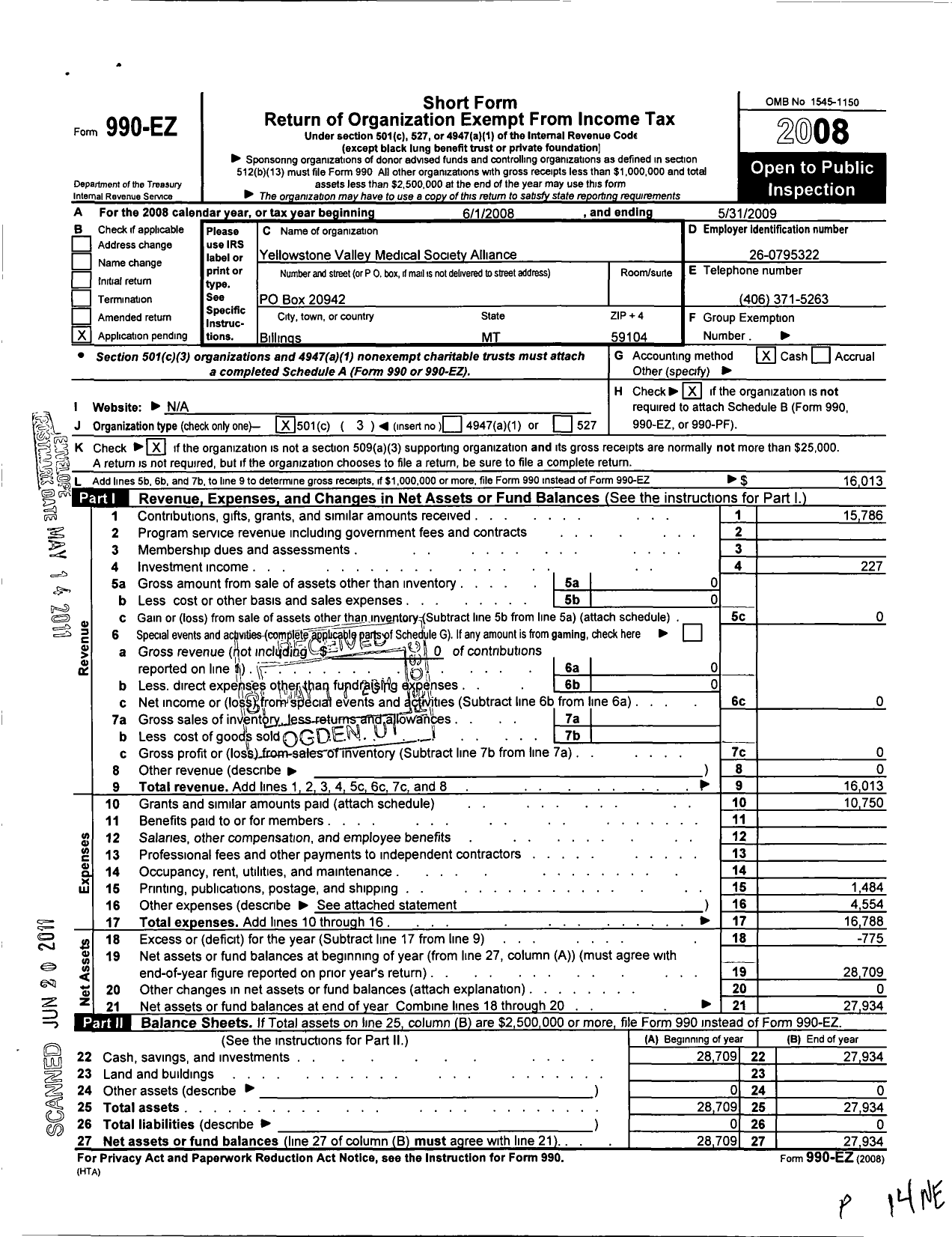 Image of first page of 2008 Form 990EZ for Yellowstone Valley Medical Society Alliance