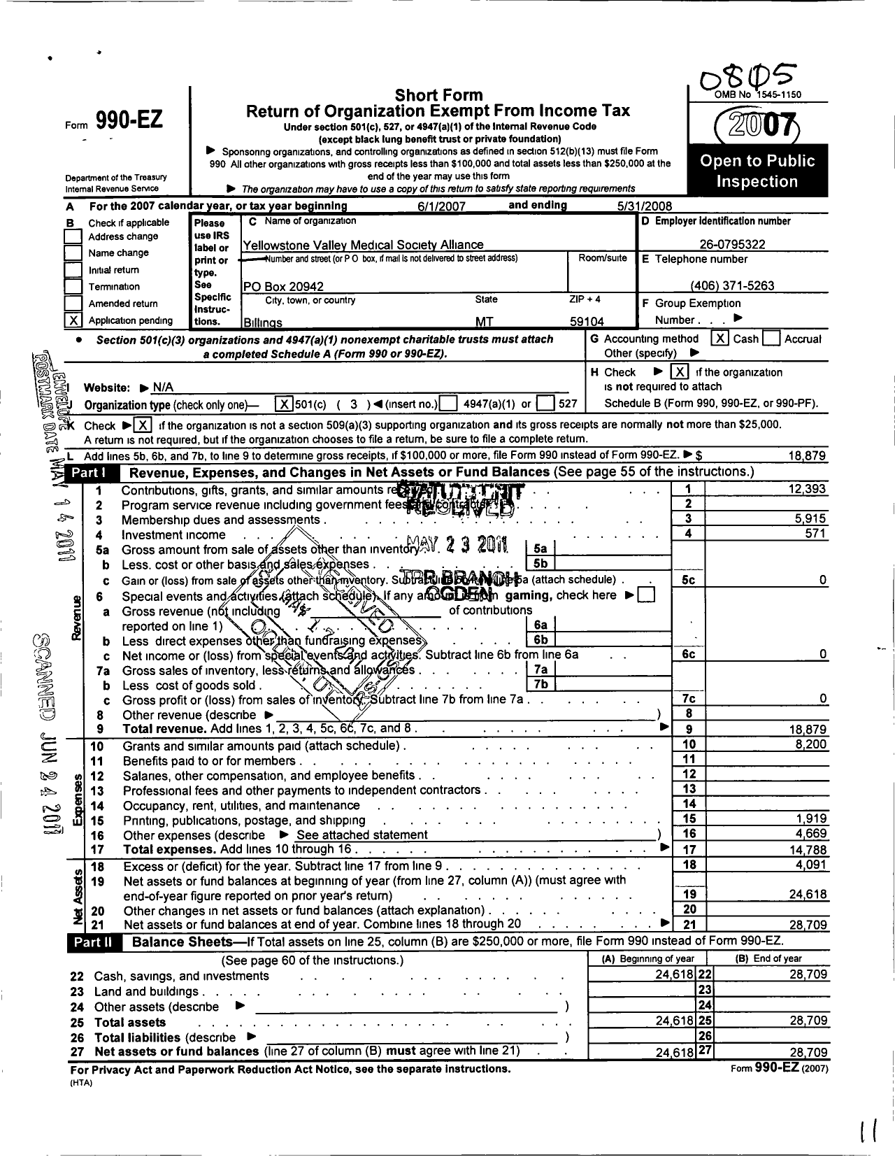 Image of first page of 2007 Form 990EZ for Yellowstone Valley Medical Society Alliance