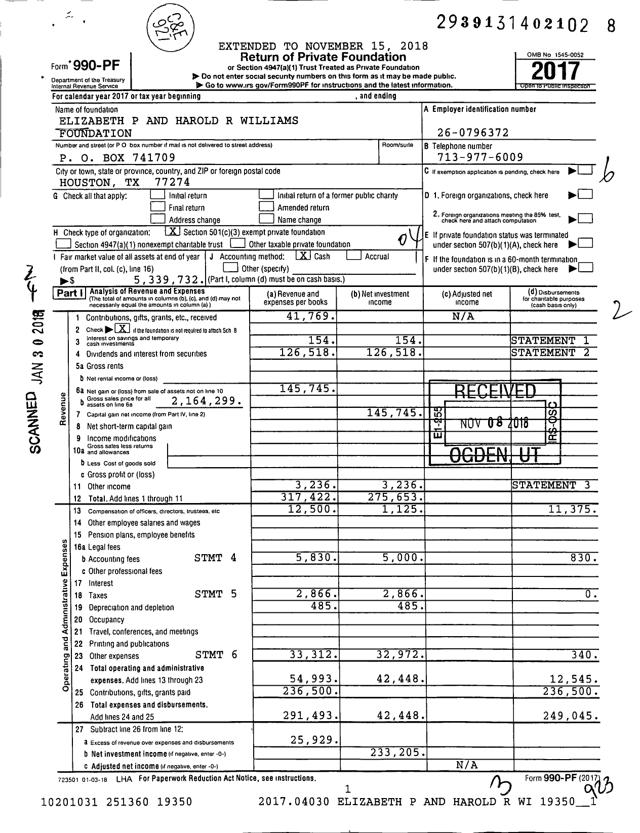 Image of first page of 2017 Form 990PF for Elizabeth P and Harold R Williams Foundation